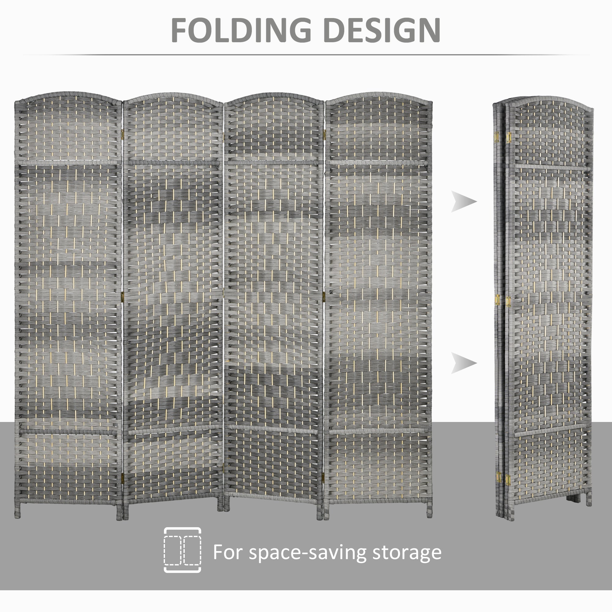 Folding Room Divider Screen 4 Panel 6' Tall Privacy Screen Freestanding Wood Partition for Home Office, Mixed Gray