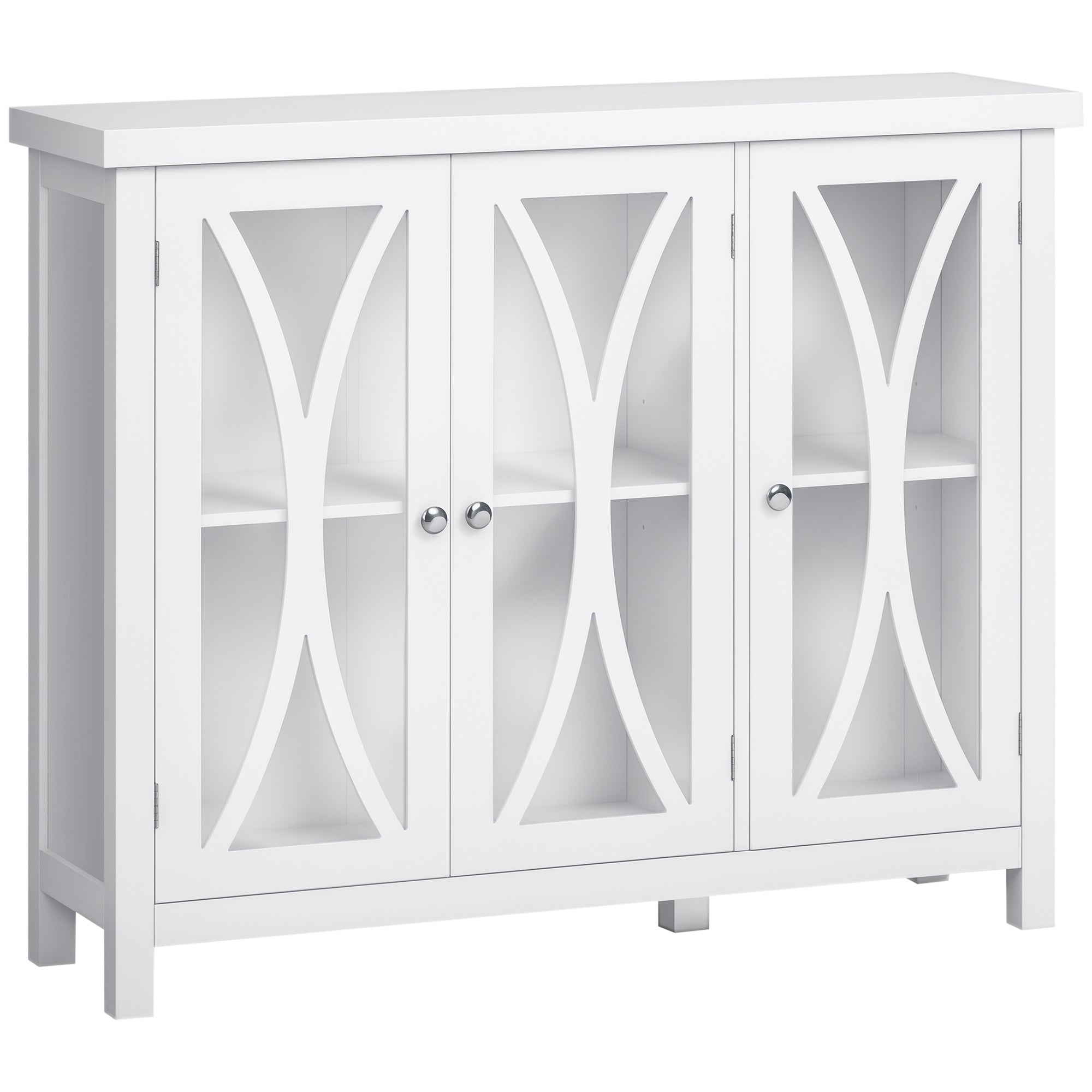 Sideboard, Buffet Cabinet with 3 Tempered Glass Doors, Arc Pattern and Adjustable Storage Shelf, Credenza, White