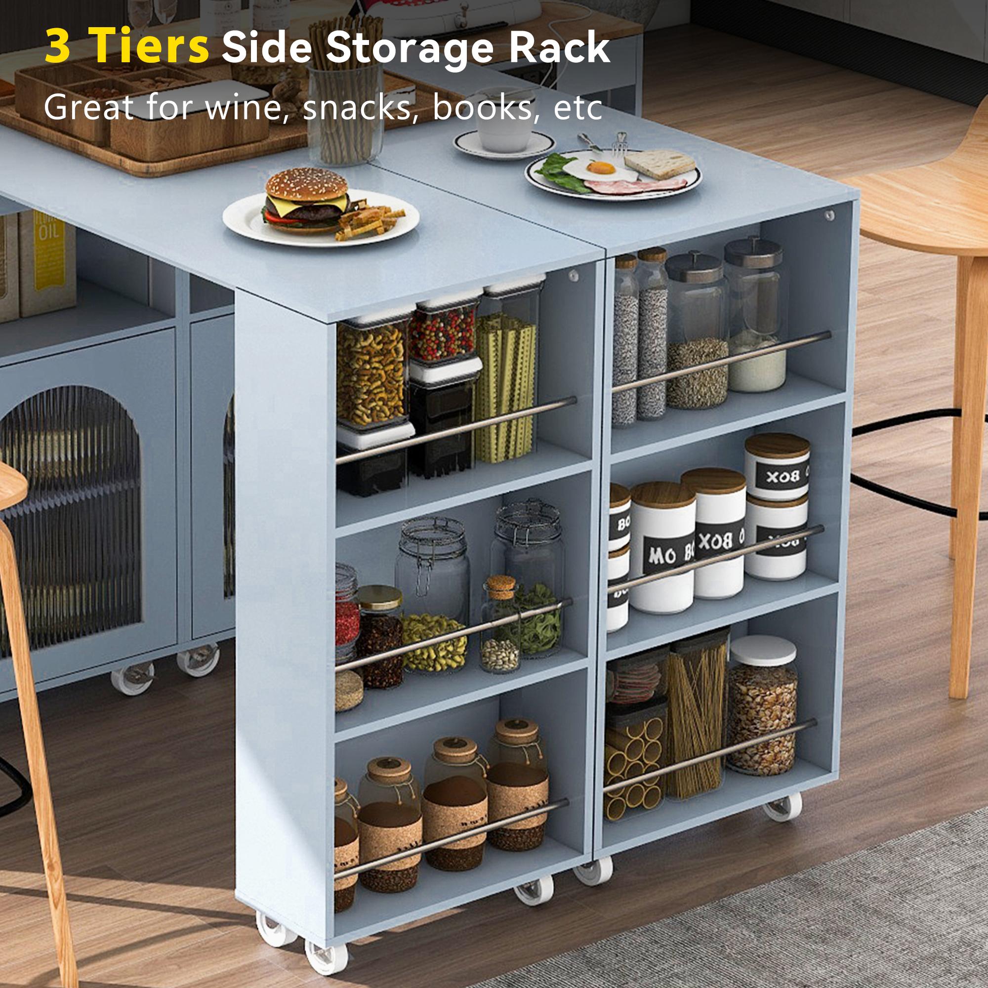 Extended LED Kitchen Island with Power Outlets, Adjustable Shelves, Central Island with Fluted Glass Doors, 56.5" L x 33" W x 38" H, Slate Blue