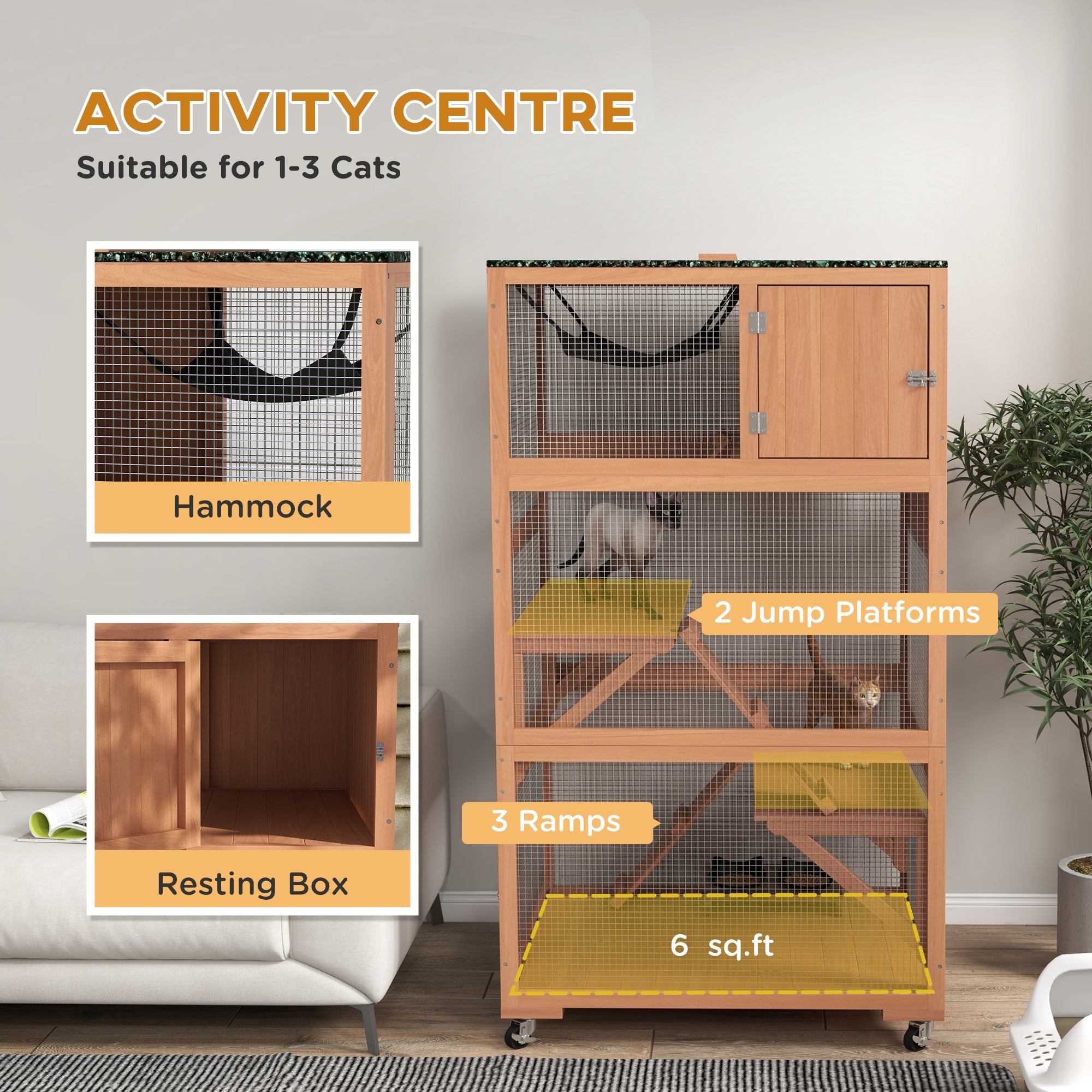Catio, Outdoor Cat Enclosure House on Wheels with Hammock, Orange