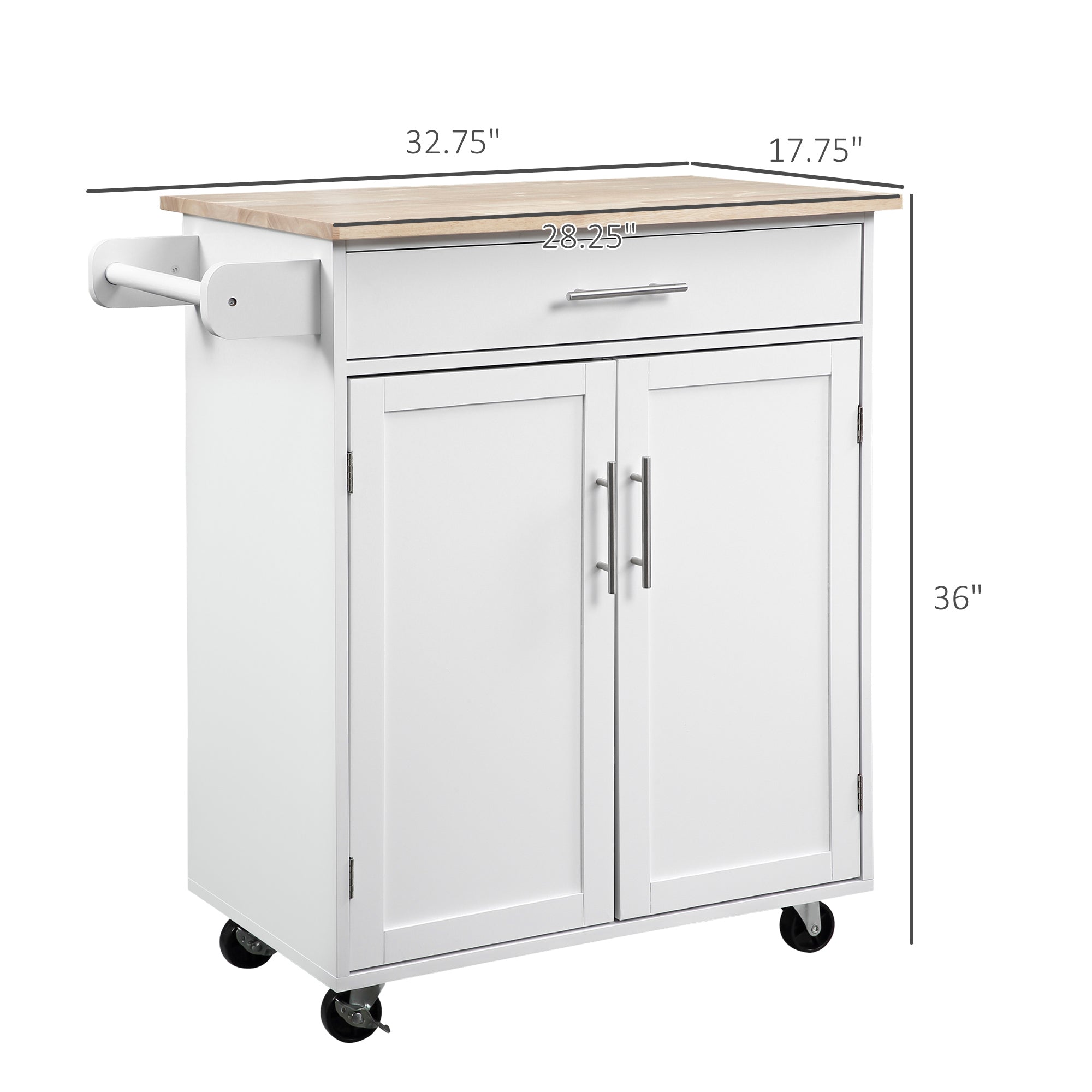 Kitchen Island Cart, Rolling Island Table with Solid Wood Top, Trolley Cart with Drawer, Storage Cabinet & Towel Rack, White