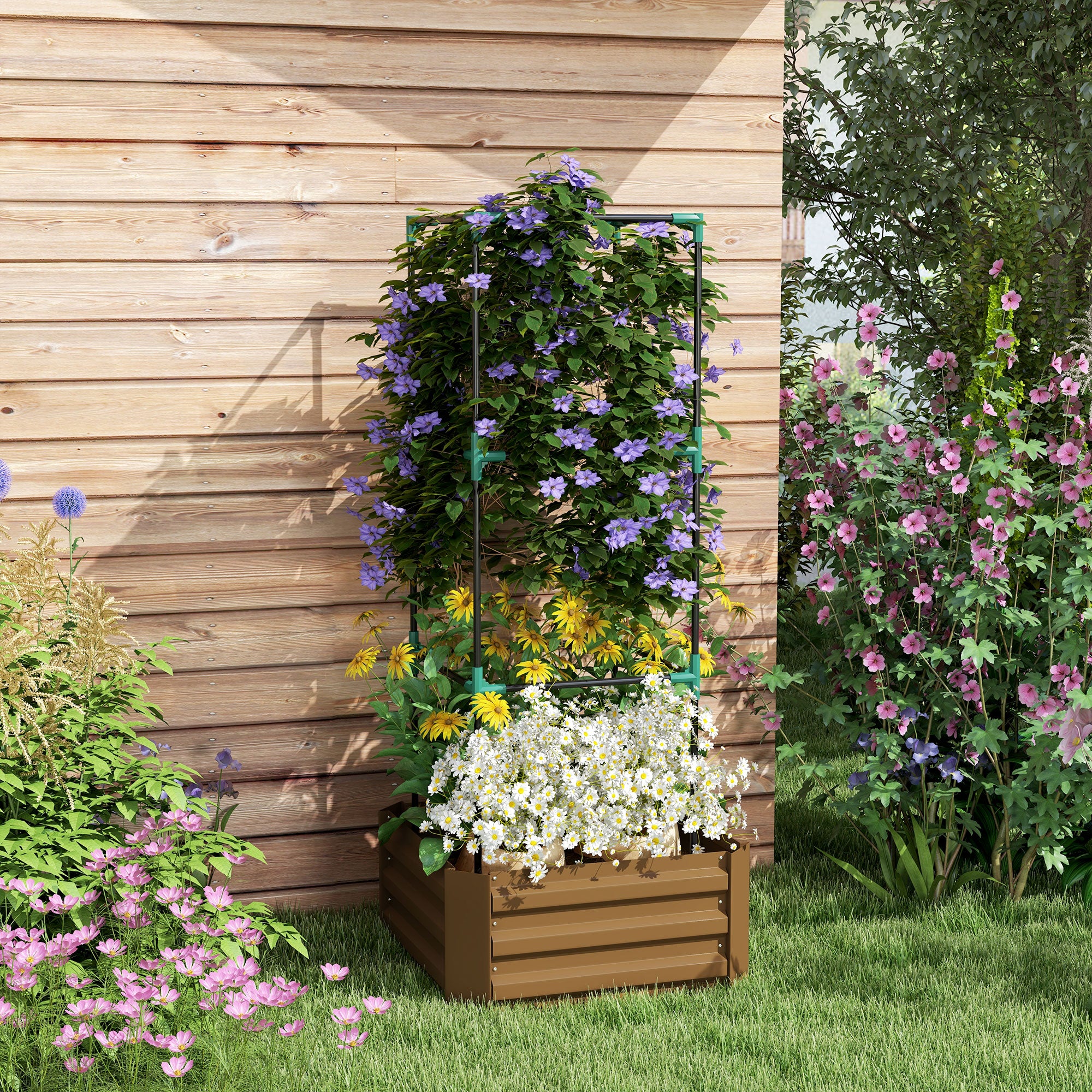Galvanized Planter Box, 24" x 24" x 55" Raised Garden Bed with Tomato Cage for Climbing Vines, Brown