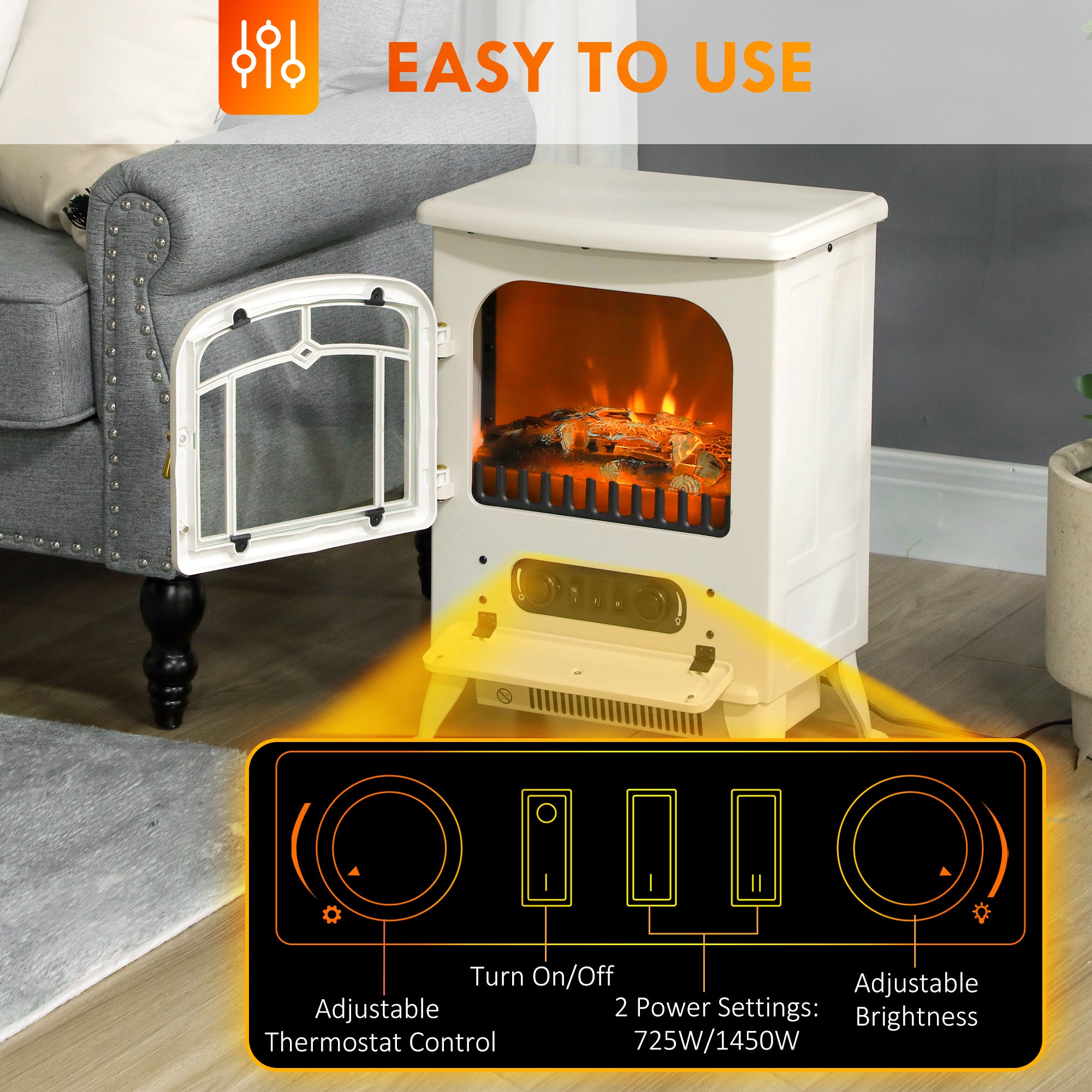 Fireplace Stove, Electric Fireplace Heater with Realistic LED Flames and Logs, 725W/1450W, Beige