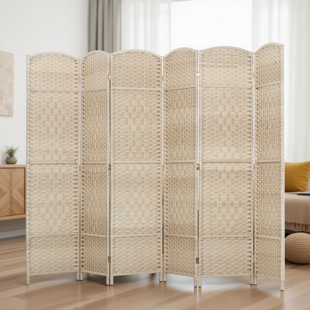 Folding Room Divider Screen 6 Panel 6' Tall Privacy Screen Freestanding Wood Partition for Home Office, Washed Oak