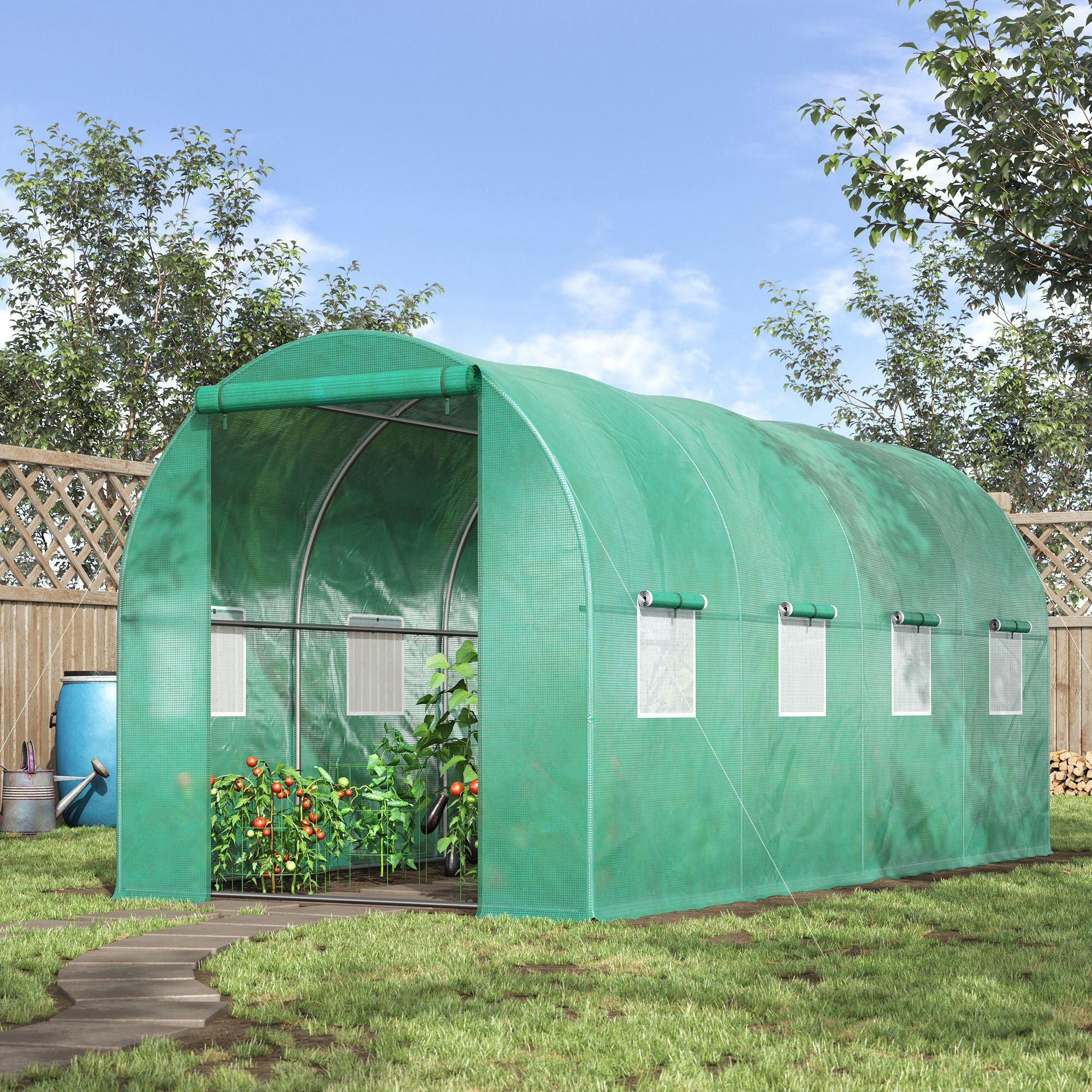 15' x 7' x 6.5' Walk-in Tunnel Hoop Greenhouse, Green House for Outside with PE Cover, Steel Frame, Roll-Up Zipper Door & Windows for Flowers, Vegetables, Tropical Plants, Green