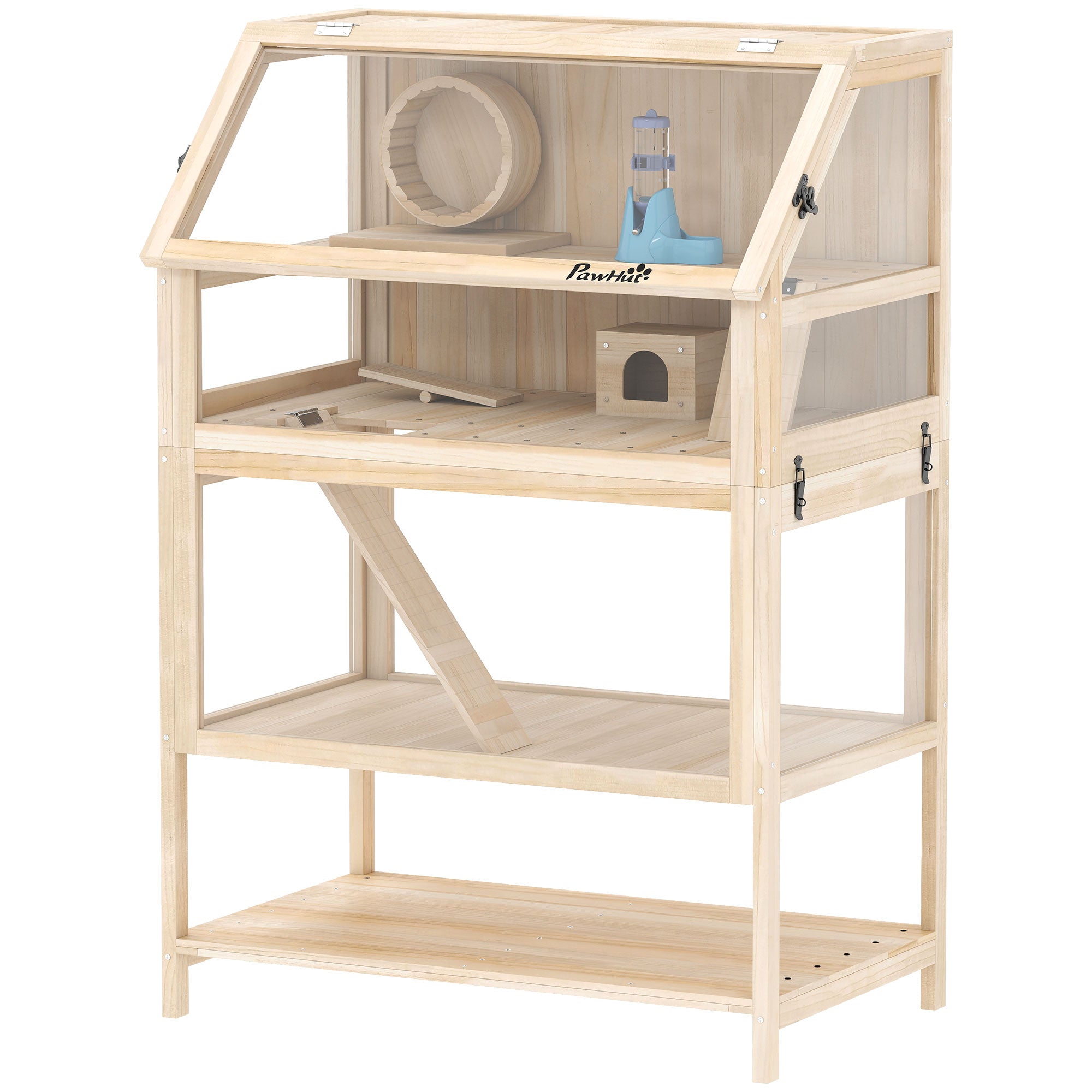Wooden Hamster Cage with Detachable Lower Floor, Storage Shelf, Hut, Seesaw, Exercise Wheel, Ramps for Dwarf
