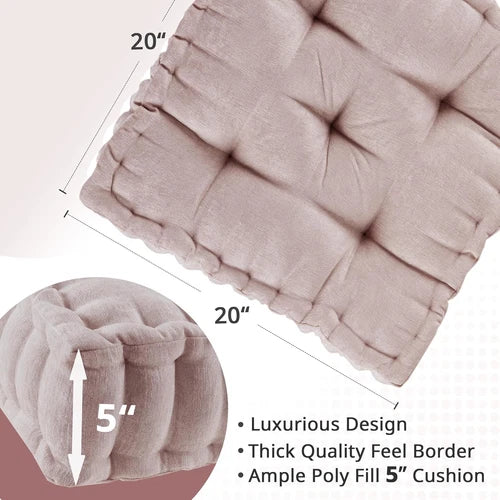 Textured Chenille Square Floor Pillow Cushion with Tufted Detailing, 100% Hypoallergenic Polyester, Scalloped Edge, 20" L x 20" W x 5" H, Blush