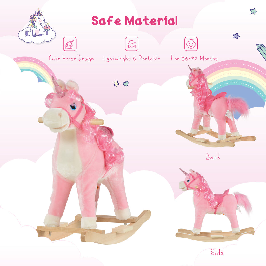 Kids Rocking Horse, Ride on Unicorn with Wooden Base, Tail Wag & Sounds for Toddlers 3-6 Years Old, Pink