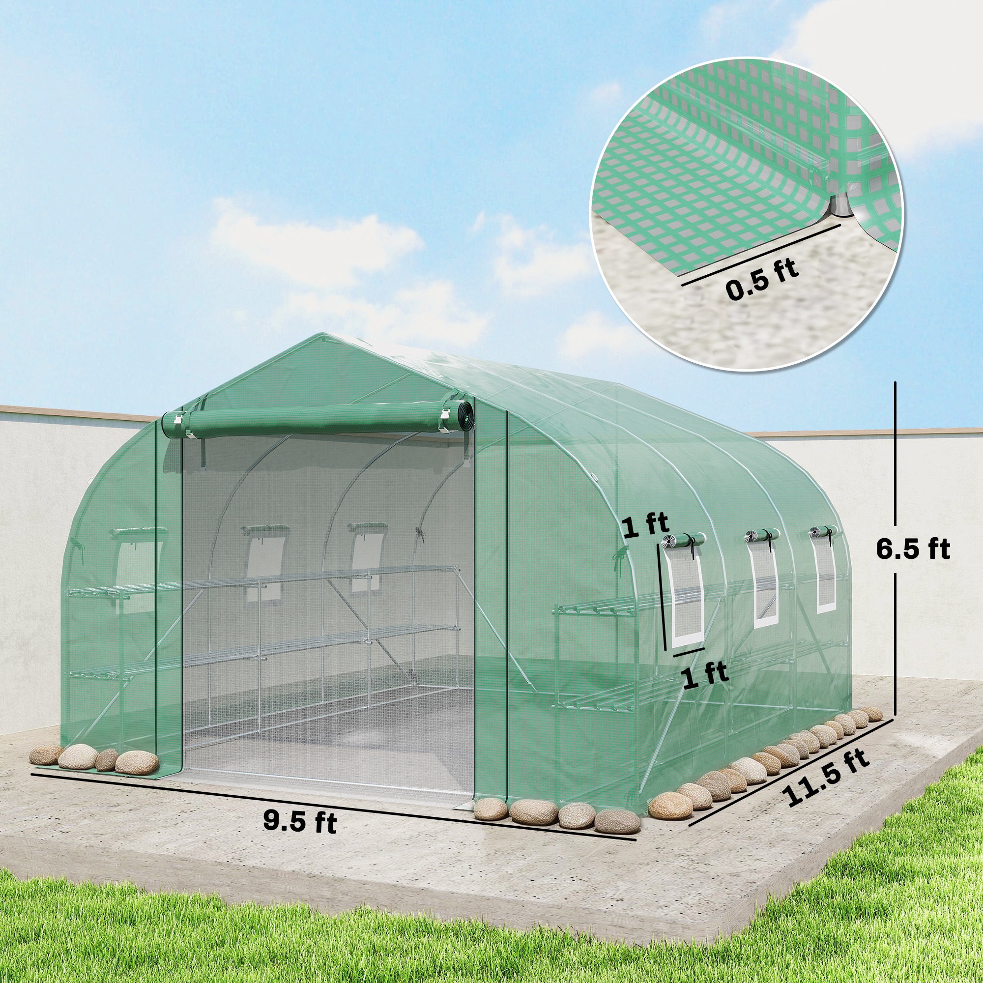 10'x11'x6' Walk-in Tunnel Greenhouse with Shelves, Mesh Door and Windows, Plant Hot House with PE Cover, Green