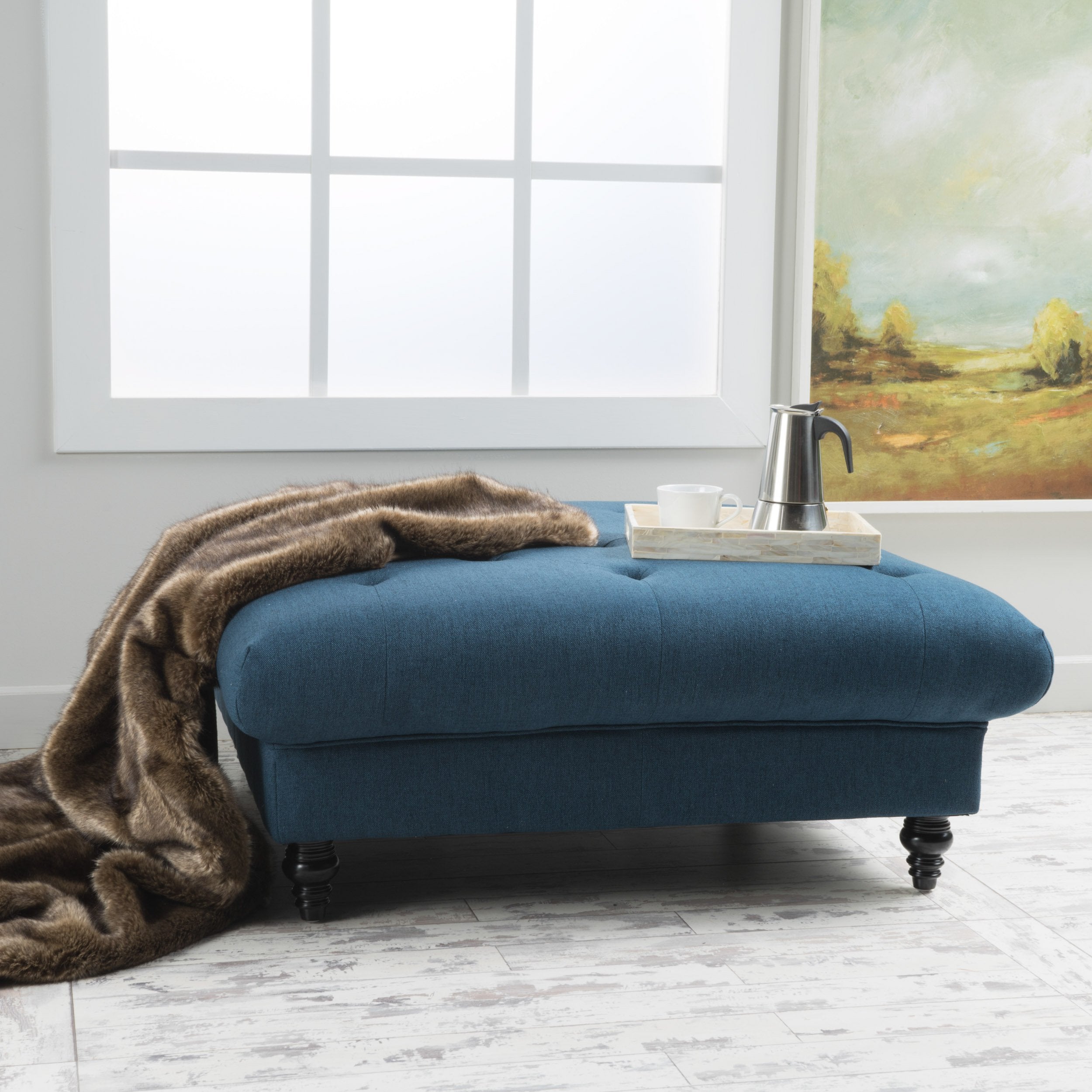 Tufted Ottoman with Upholstered Polyester Blend, Button Tufting, Turned Feet, 40.5" x 40.5" x 16.9", Navy Blue