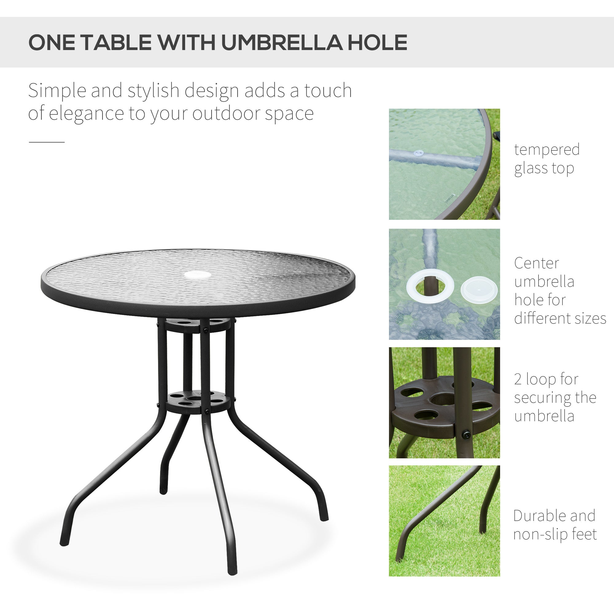 6 Piece Patio Dining Set for 4 with Umbrella, Outdoor Table and Chairs with 4 Folding Dining Chairs & Round Glass Table for Garden, Backyard and Poolside, Black and Coffee