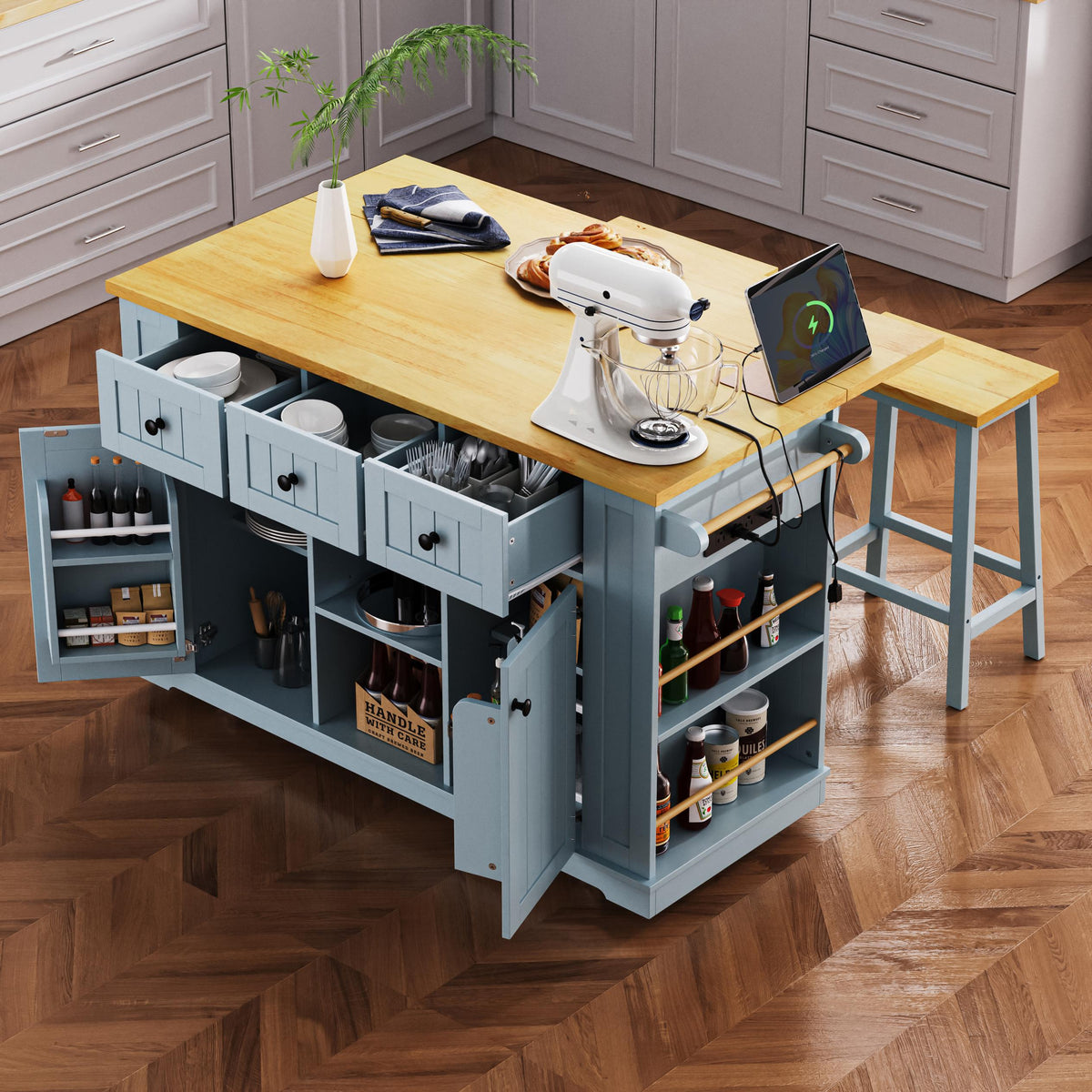 Kitchen Island Cart with Drop Leaf, Power Outlet, Internal Storage Rack, Rolling on 5 Wheels, Adjustable Shelves, and Bamboo Sticks, Gray+Blue