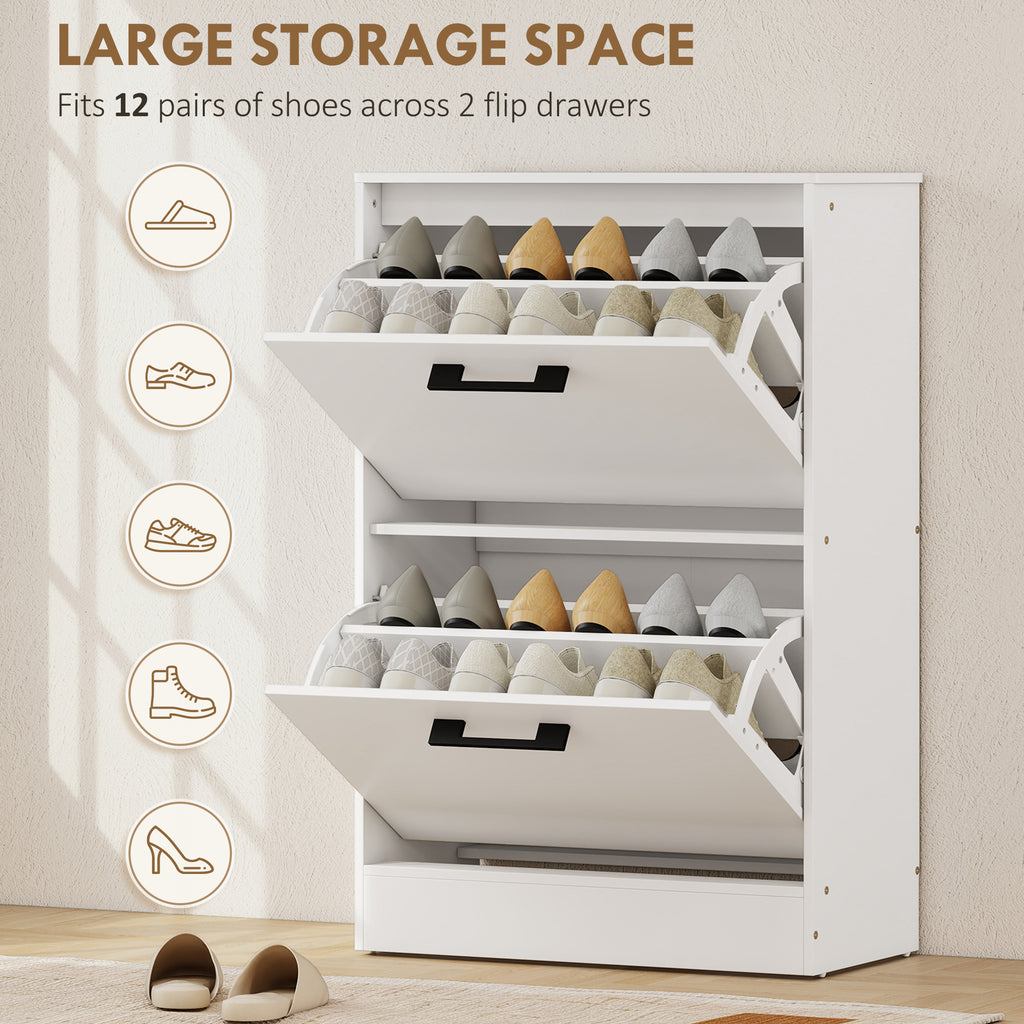 Shoe Cabinet 2 Flip Drawers Narrow Shoe Storage Unit Adjustable Dividers Entryway Hallway White