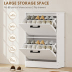 Shoe Cabinet 2 Flip Drawers Narrow Shoe Storage Unit Adjustable Dividers Entryway Hallway White