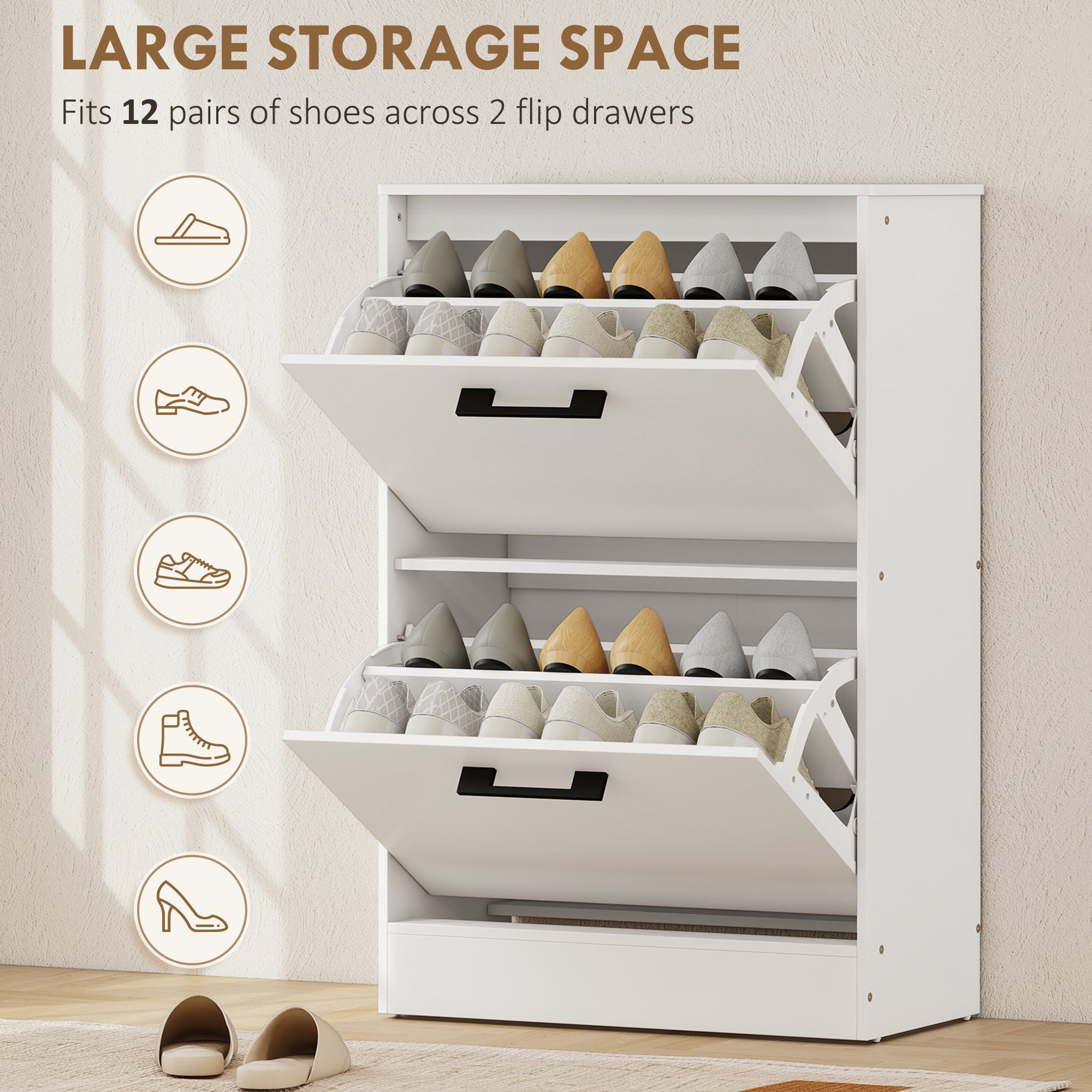 Shoe Cabinet 2 Flip Drawers Narrow Shoe Storage Unit Adjustable Dividers Entryway Hallway White