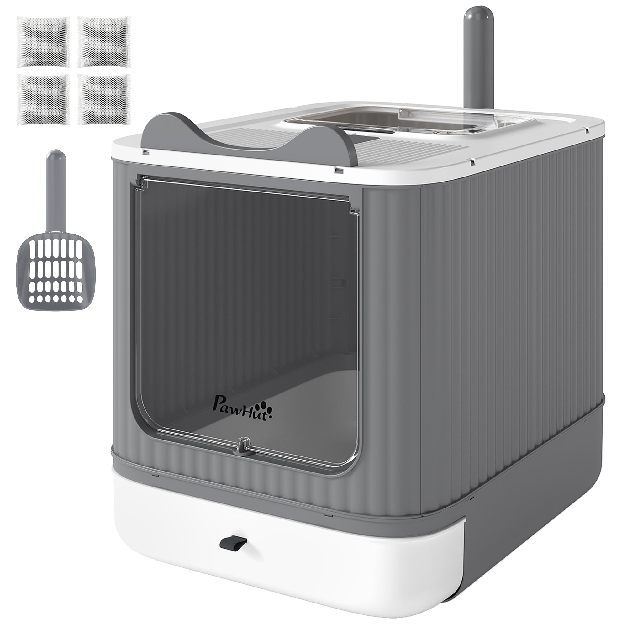 Cat Litter Box with Lid, Enclosed Litter Box for Medium Cats, Front-Entry and Top-Exit, Scoop, Deodorizer Bag, White
