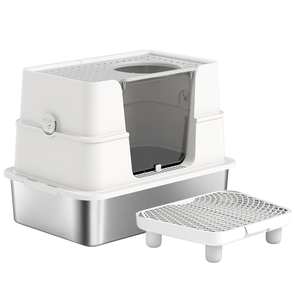 XL Stainless Steel Litter Box w/ 100° Flip Top, Scoop, Step, Top & Side Entry Enclosed Litter Box for Big Cats