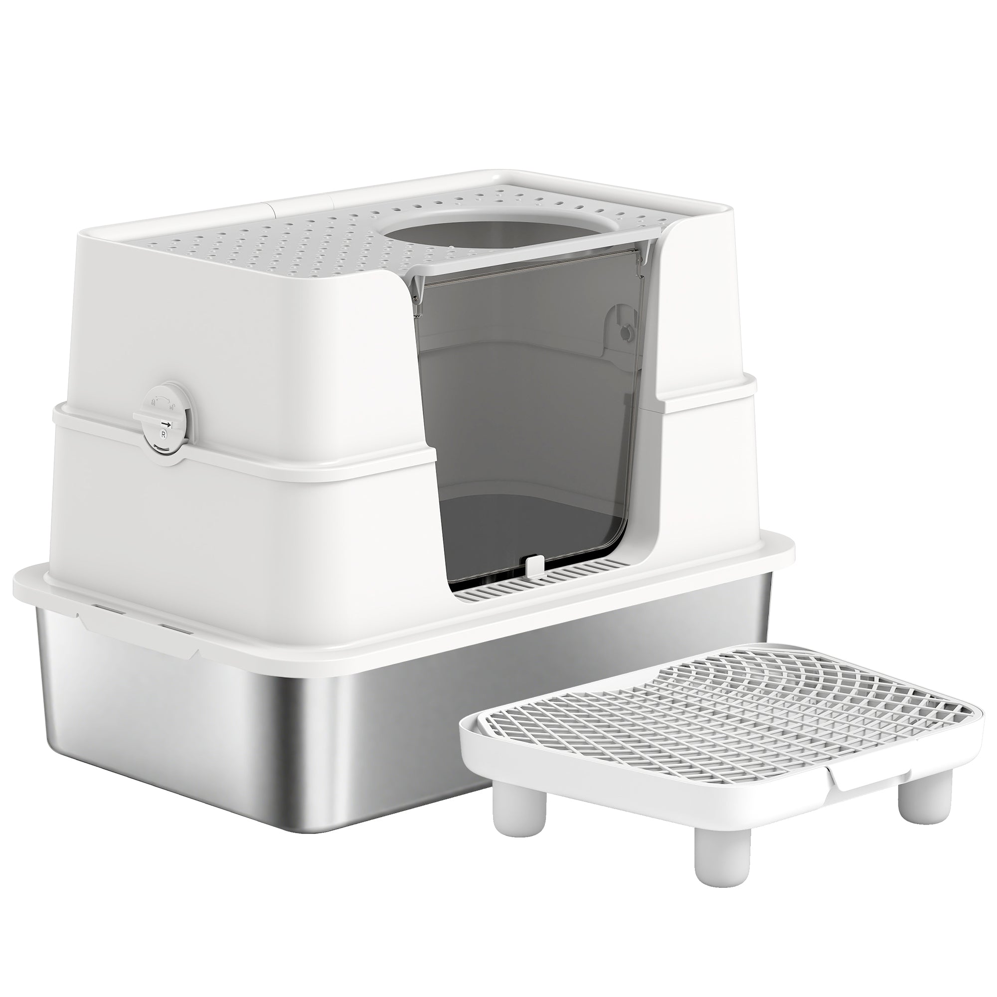 XL Stainless Steel Litter Box w/ 100° Flip Top, Scoop, Step, Top & Side Entry Enclosed Litter Box for Big Cats