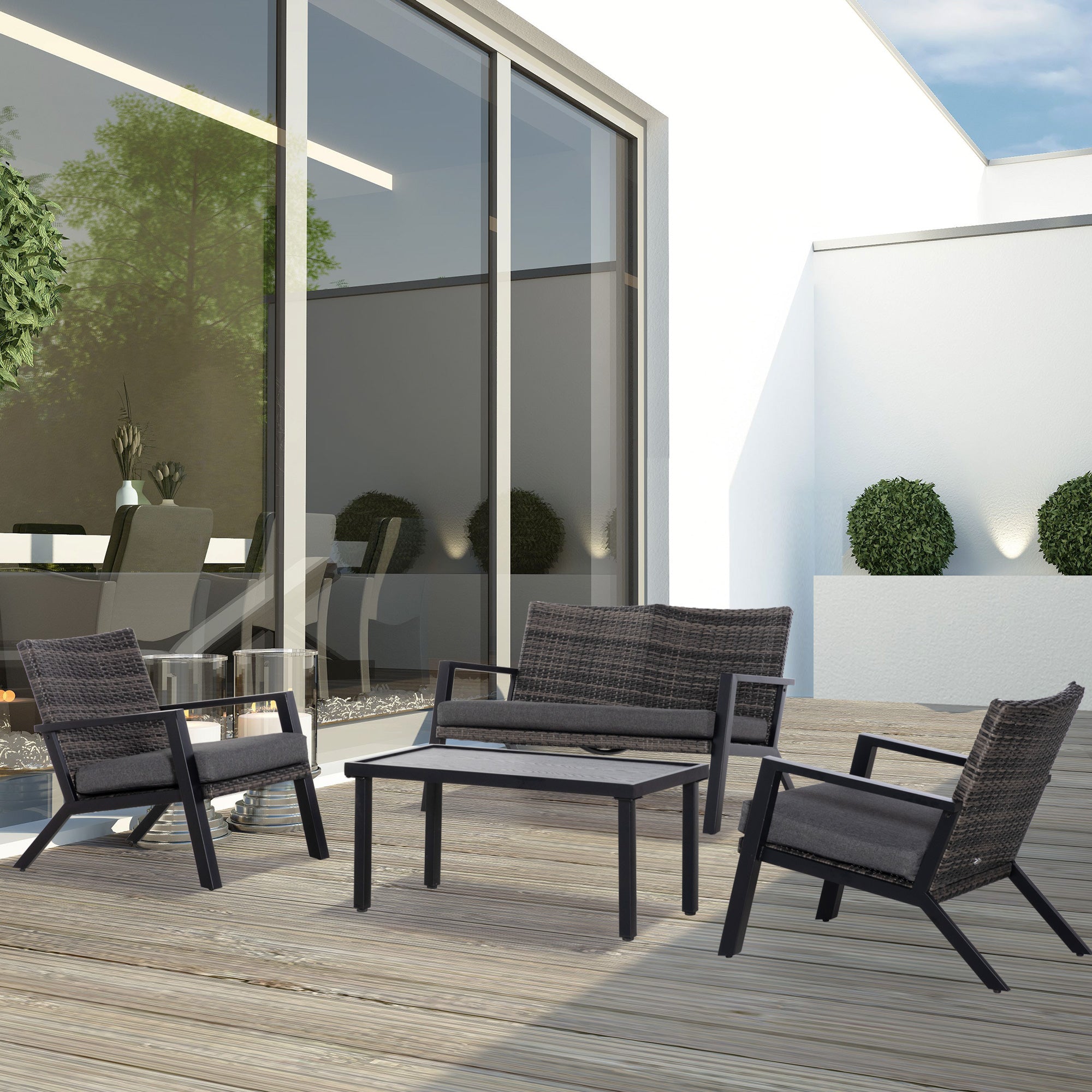 4 Piece Patio Furniture Set, 2 PE Wicker Chairs, Loveseat Sofa, Outdoor Coffee Table, Soft Cushions, Couch & Armchairs for Backyard, Garden, Black