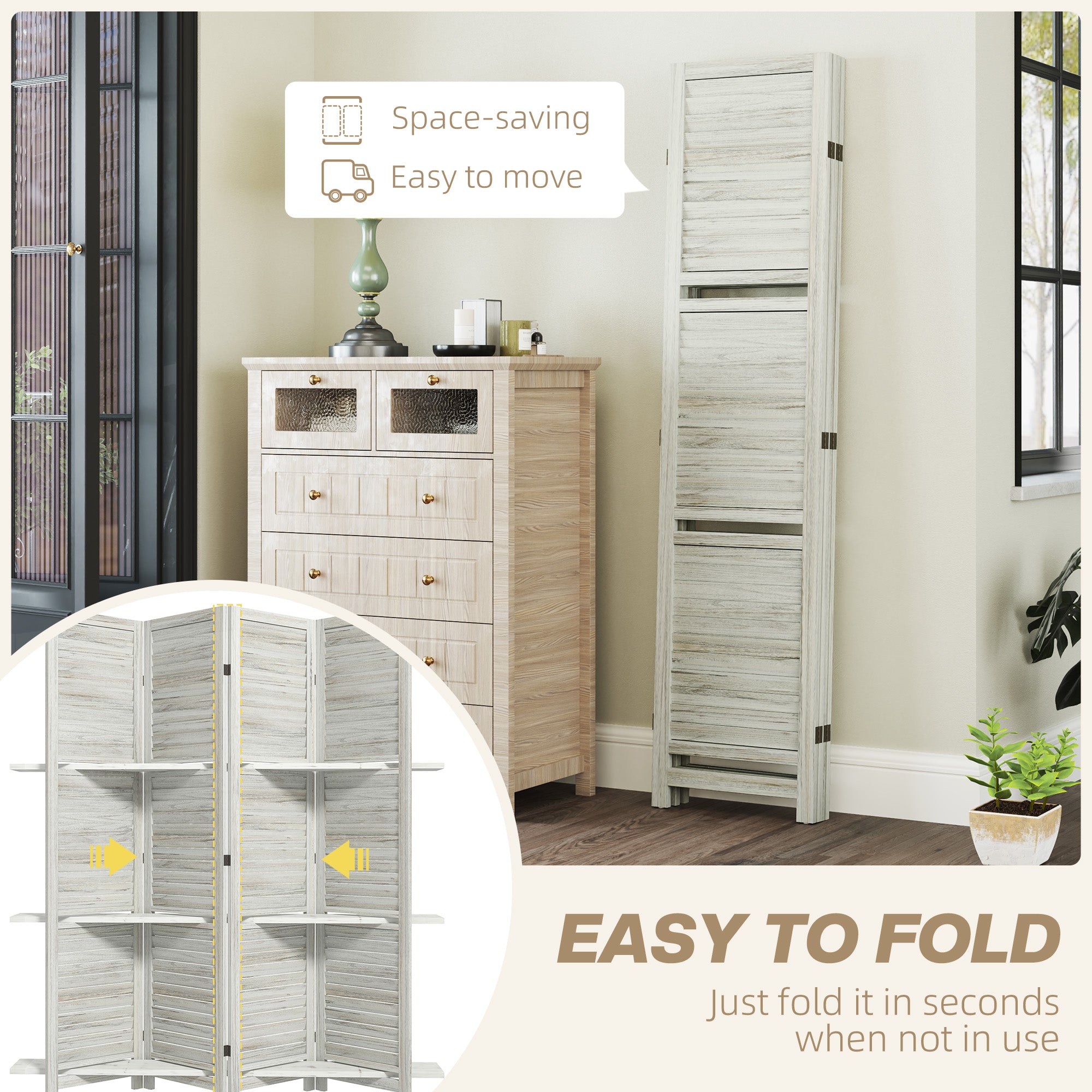 4 Panel 67" Tall Wood Privacy Screen Room Divider with 3 Shelves and Folding Storage for Bedroom, Distressed White