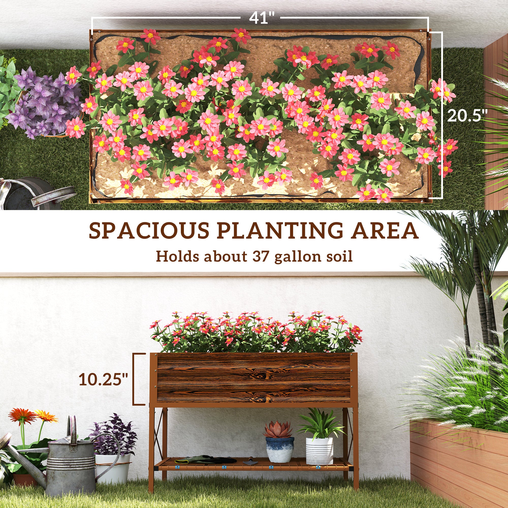 Galvanized Raised Garden Bed, Metal Planter Box with Legs, Storage Shelf and Bed Liner, Dark Brown