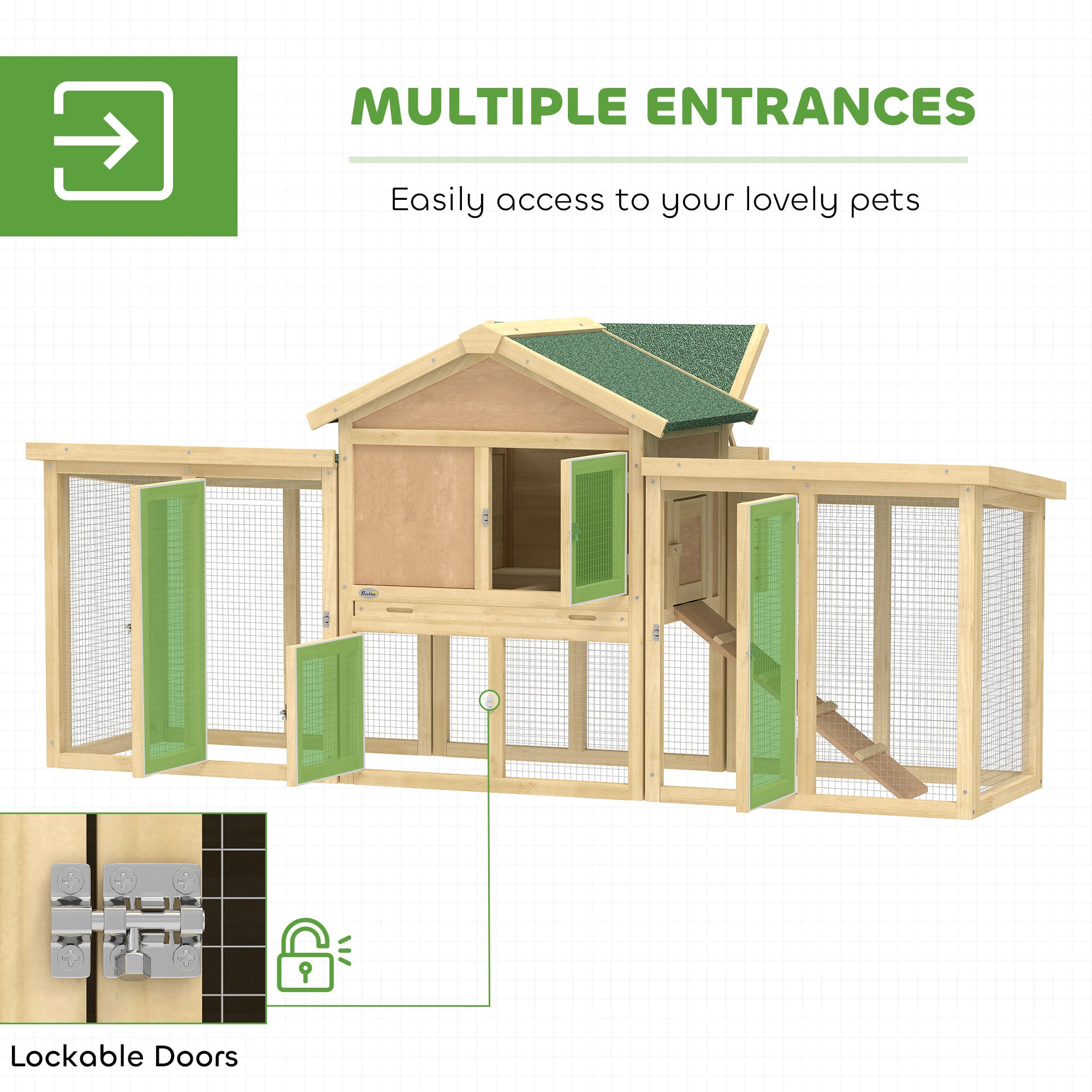 Wooden Chicken Coop ith Nesting Box, Double Runs, Removable Tray, Ramp, for Garden Backyard