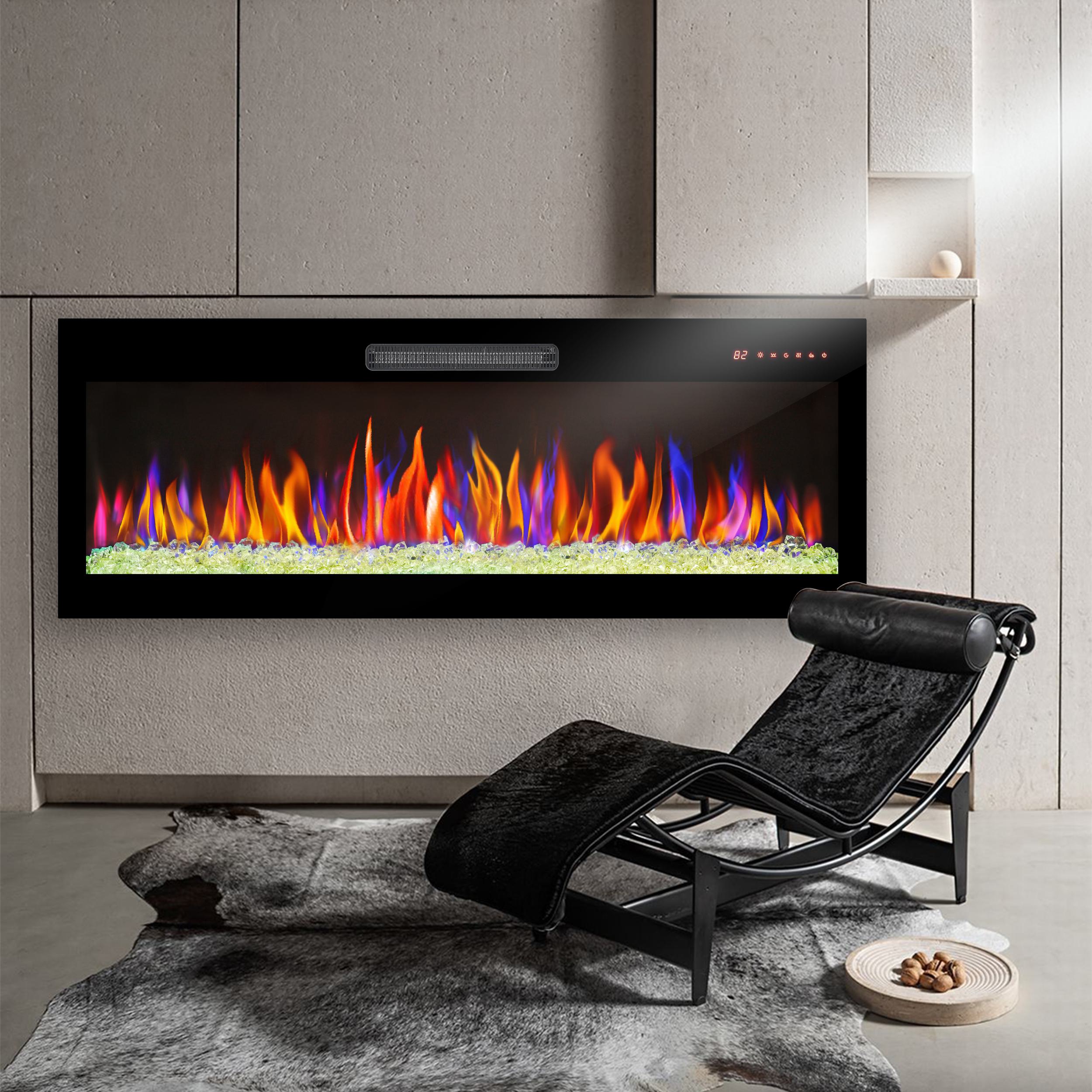 50" Ultra Thin Recessed Design Wall Mounted Electric Fireplace with Remote, Multi-Color Flame, Ember Bed, and LED Heater, Antique Black