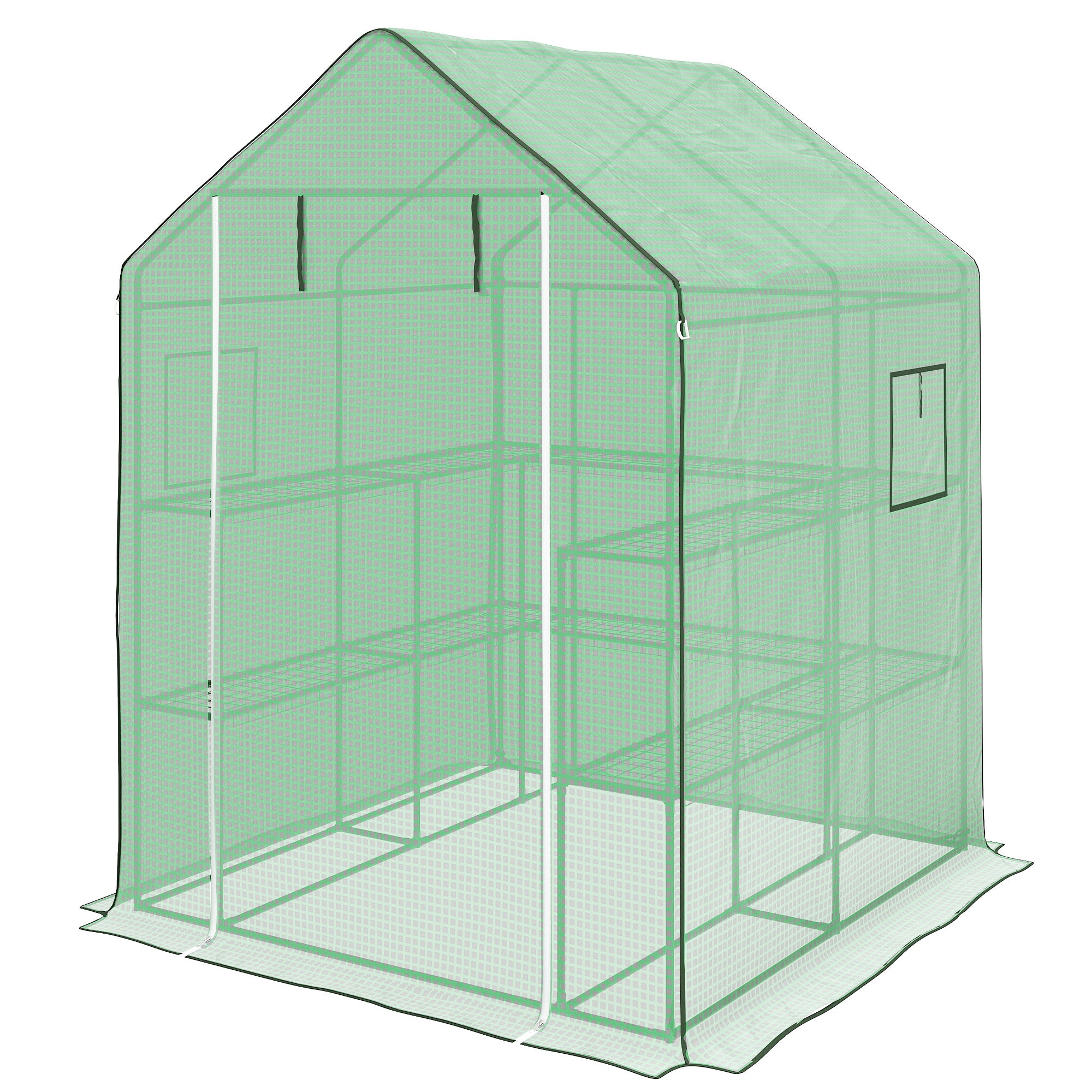 4.6' x 4.7' Portable Greenhouse, Water/UV Resistant Walk-In Small Outdoor Green House with 2 Tier U-Shaped Flower Rack Shelves, Roll Up Door & Windows, Green