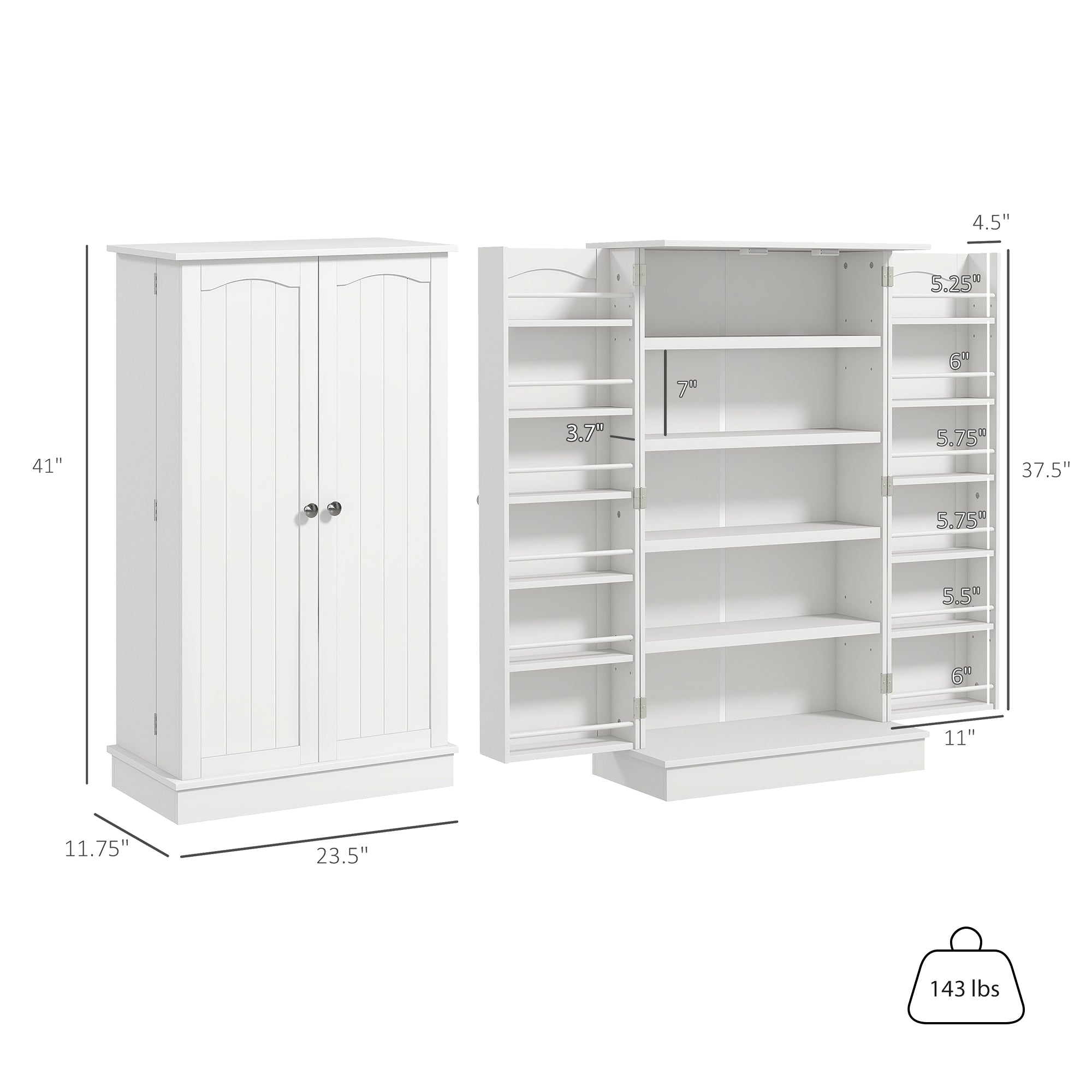 Freestanding Kitchen Pantry Cabinet, Kitchen Sideboard Cabinet with 12 Door Shelves, Double Doors, 5-tier Shelving, Paper White