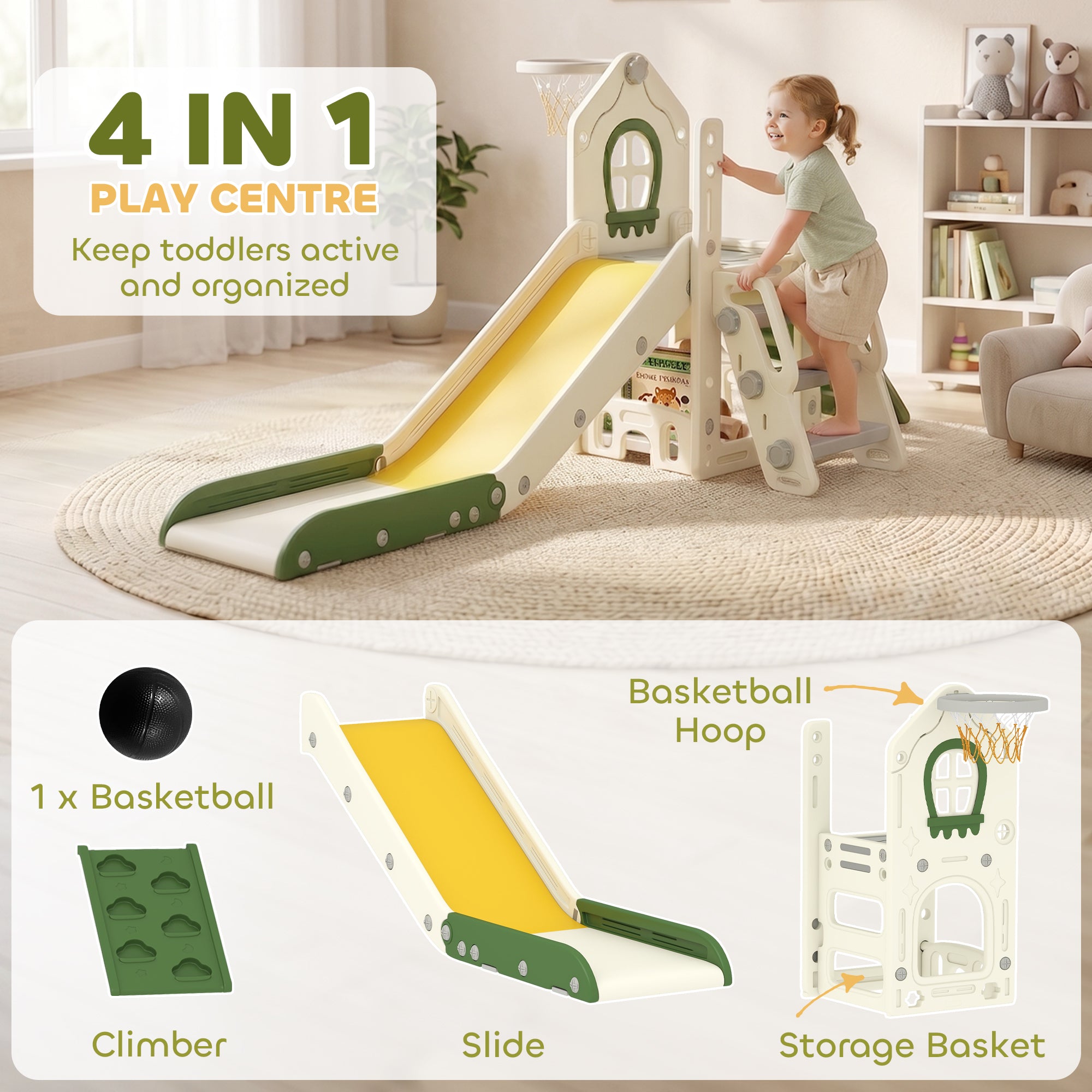 Foldable 5 in 1 Toddler Slide with Ladder, Climbing Wall, Basketball Hoop, Storage and Basketball for 1-3 Years, Cream
