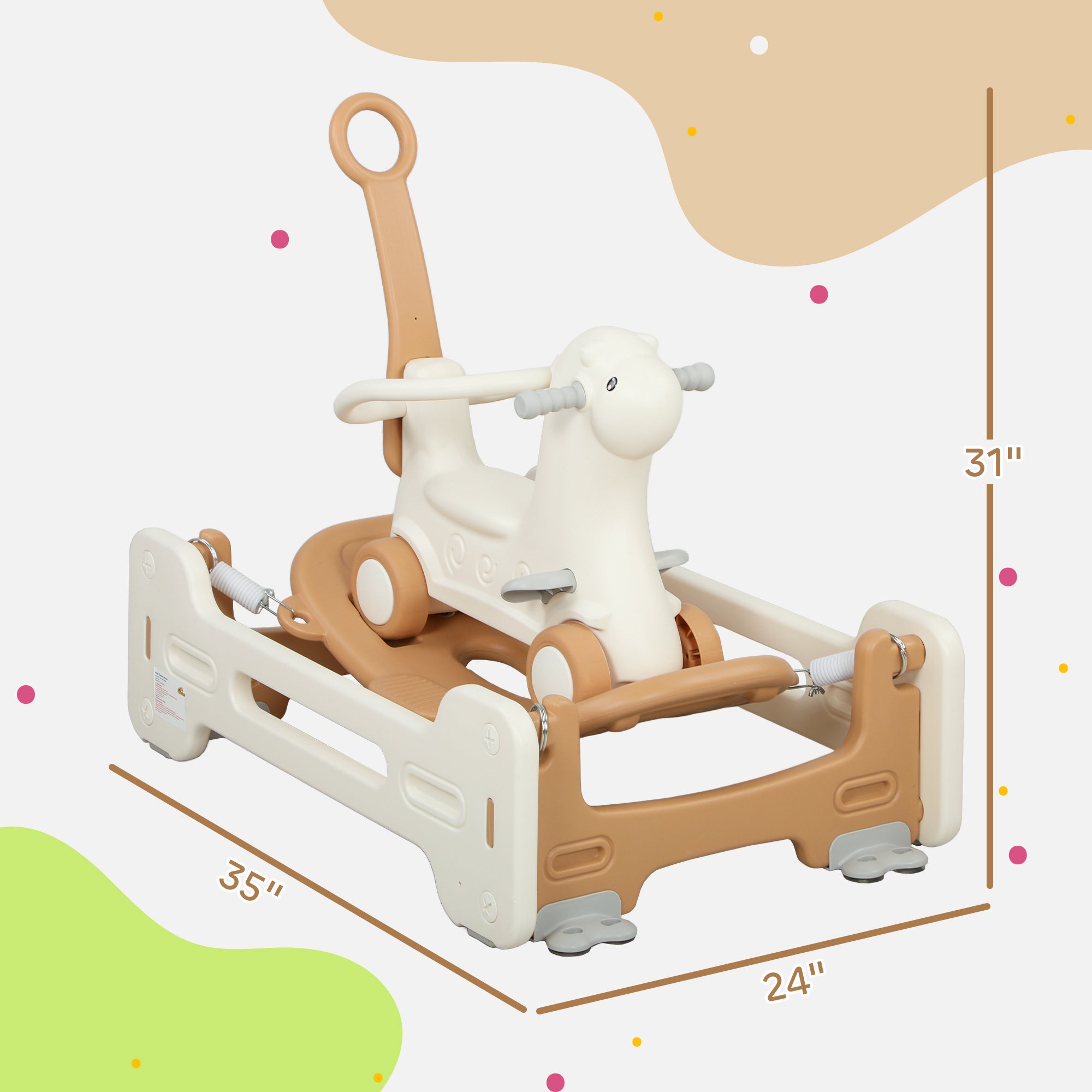 5 in 1 Kids Rocking Horse with Detachable Base, Safety Guardrails, Footrests, Push Handle for Ages 1-3, Brown