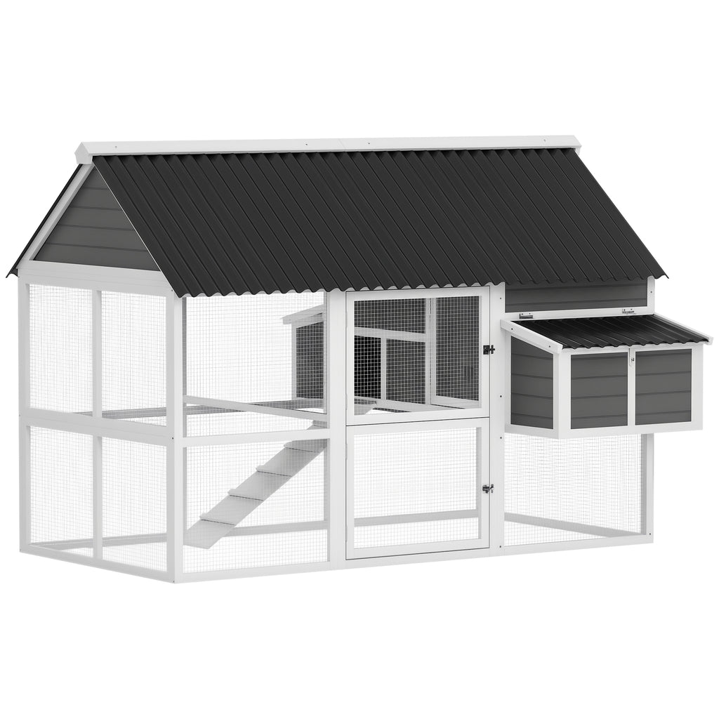 Wooden Chicken Coop with Run, 2 Nesting Boxes, 2 Roosting Bars, Ramp & Tray, Poultry Cage for 4-6 Chickens, Gray