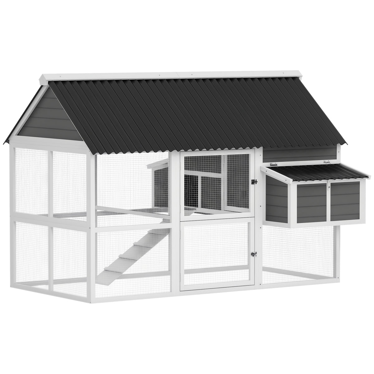 Wooden Chicken Coop with Run, 2 Nesting Boxes, 2 Roosting Bars, Ramp & Tray, Poultry Cage for 4-6 Chickens, Gray