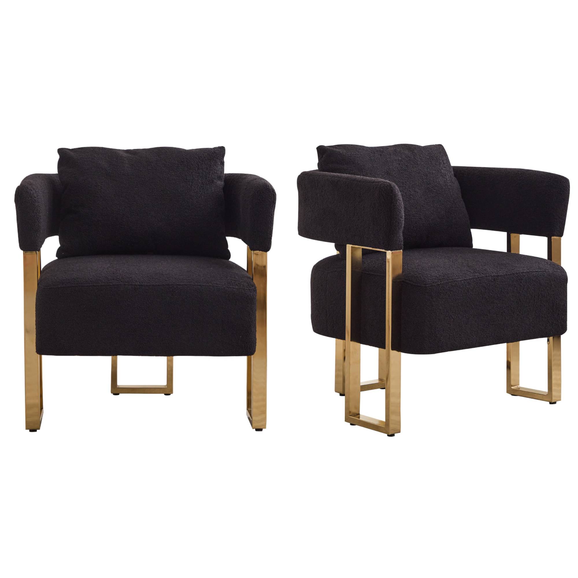 2-Set Living Room Teddy Fleece Upholstered Side Chair with Gold Metal Legs, Modern Decorative Chair, 26" L x 24.5" W x 27" H, Black+Gold