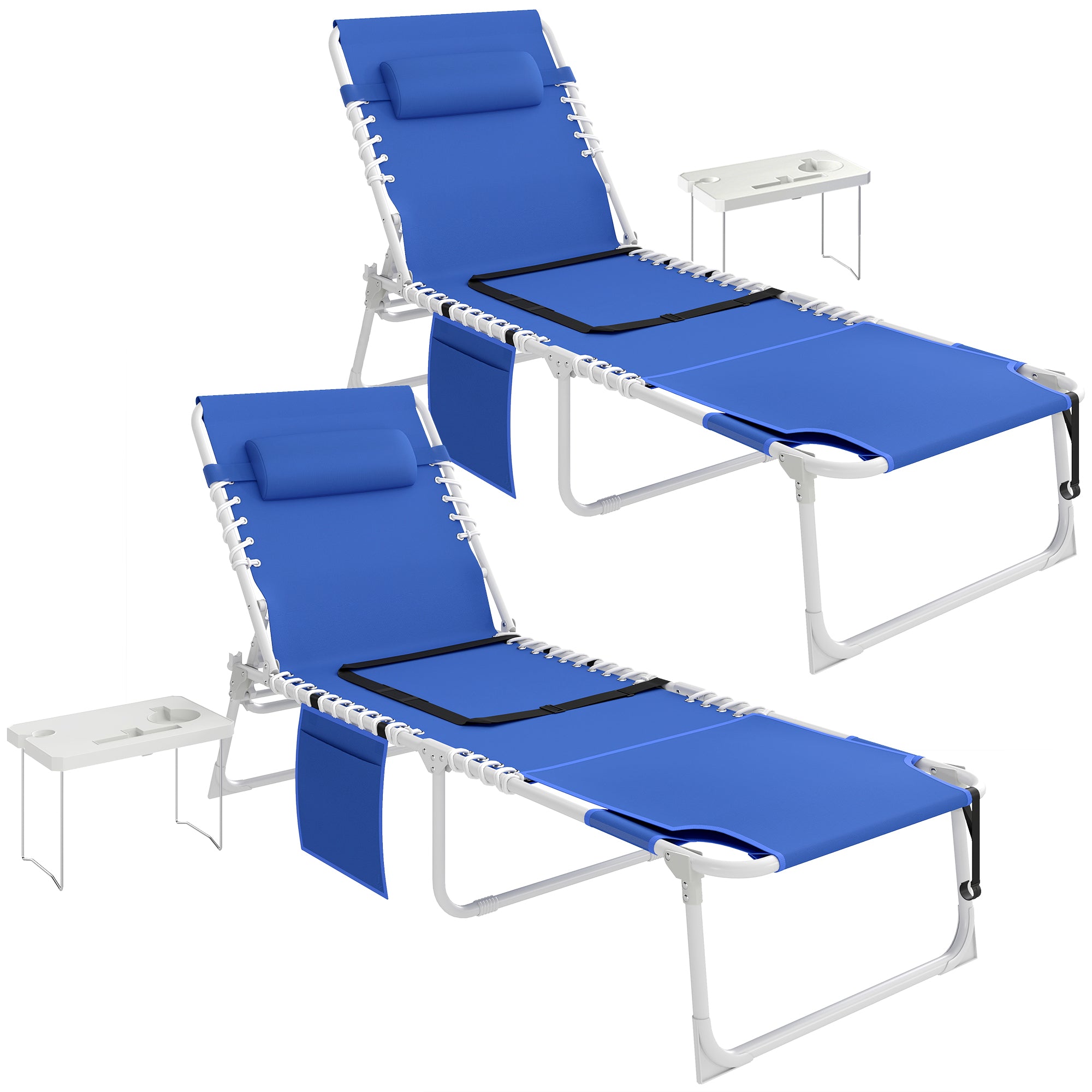 Tanning Chair Set of 2 with Face Hole and Side Table, 5-Position Folding Outdoor Chaise Lounge Chair, Navy Blue