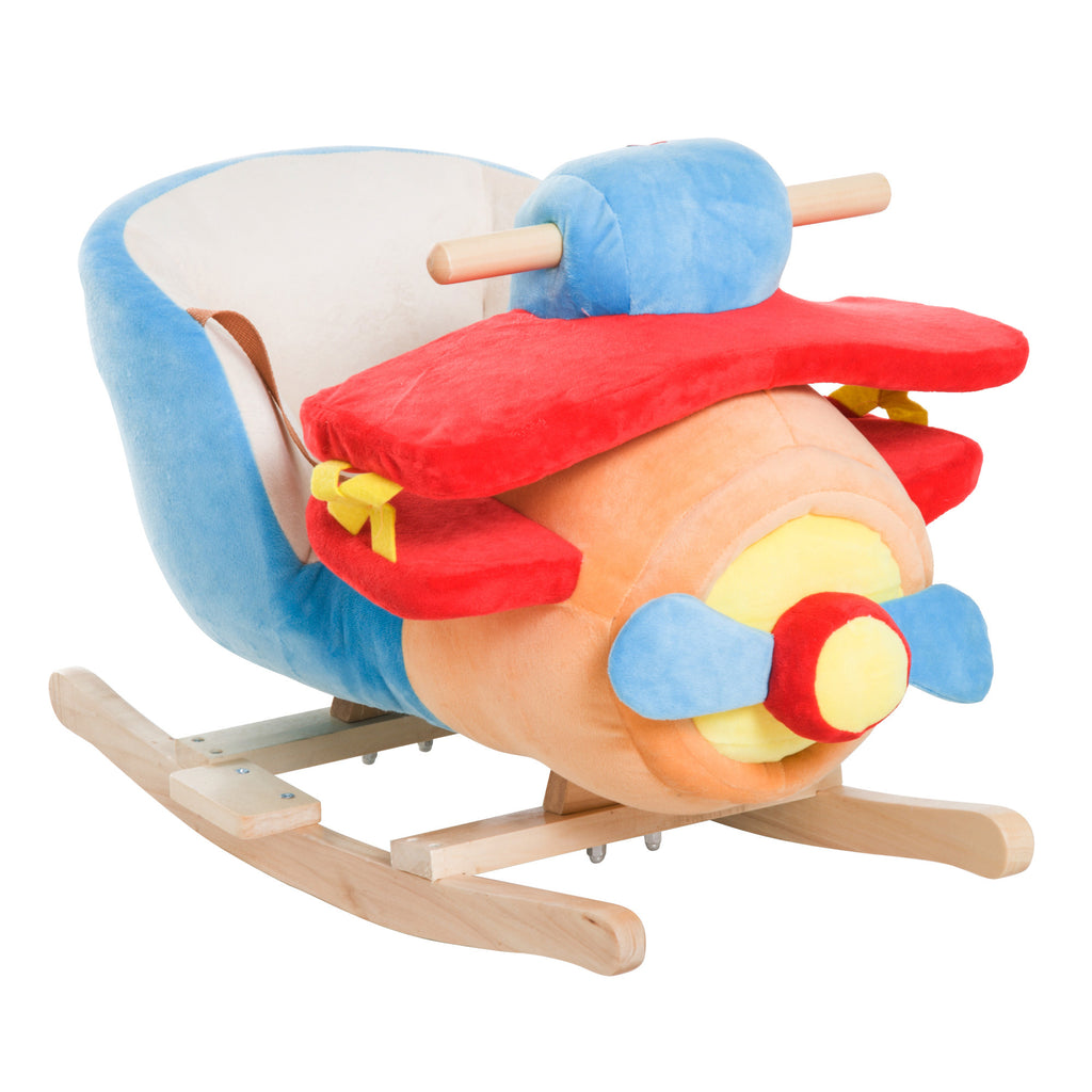 Kids Rocking Horse, Wooden Plush Ride-on Plane Chair Toy with Lullby Song and Seat Belt for 18 Month +
