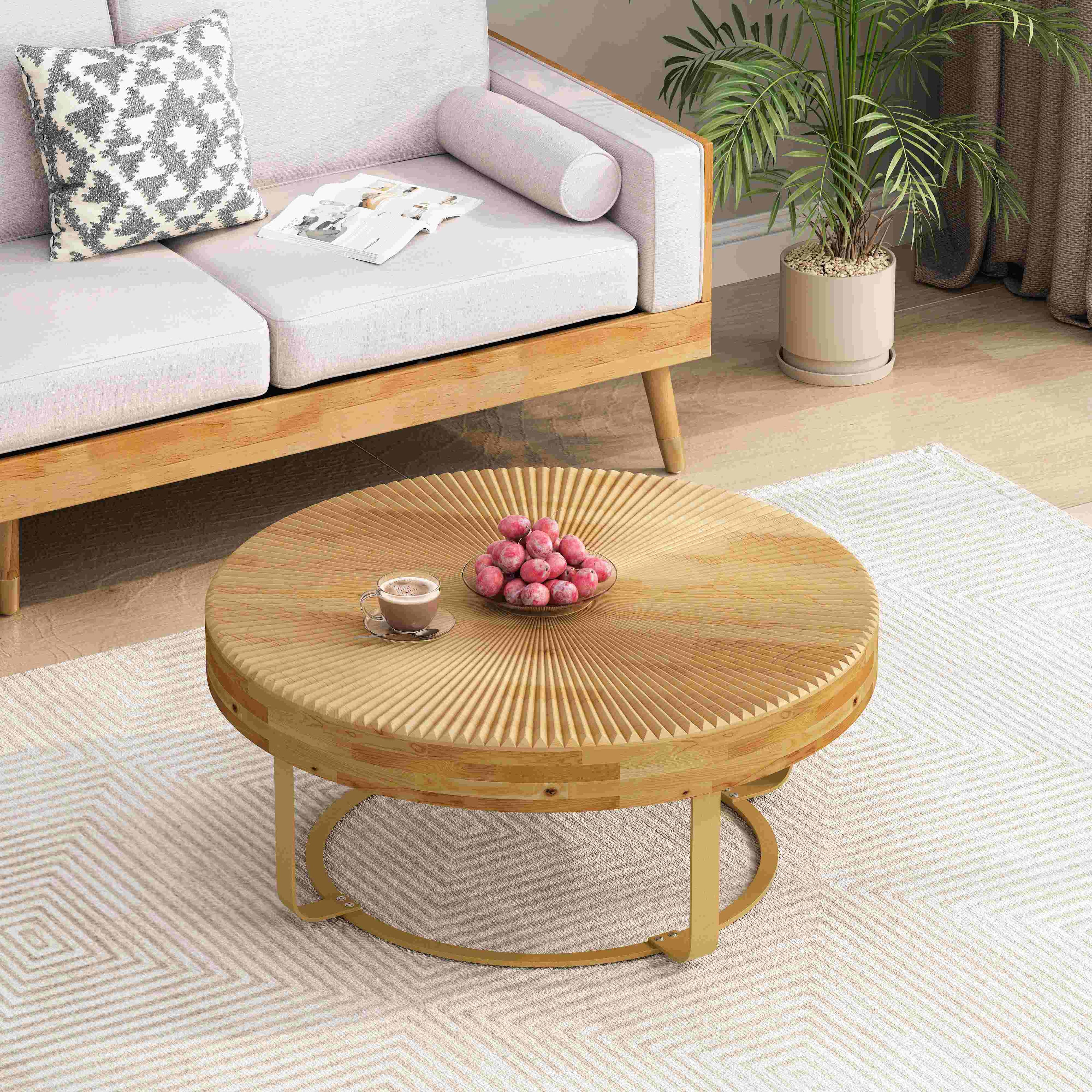 Modern Round Coffee Table, Wooden Carving Pattern with Metal Legs, Pine and MDF, 31.5"x31.5"x13.78", Natural+Gold