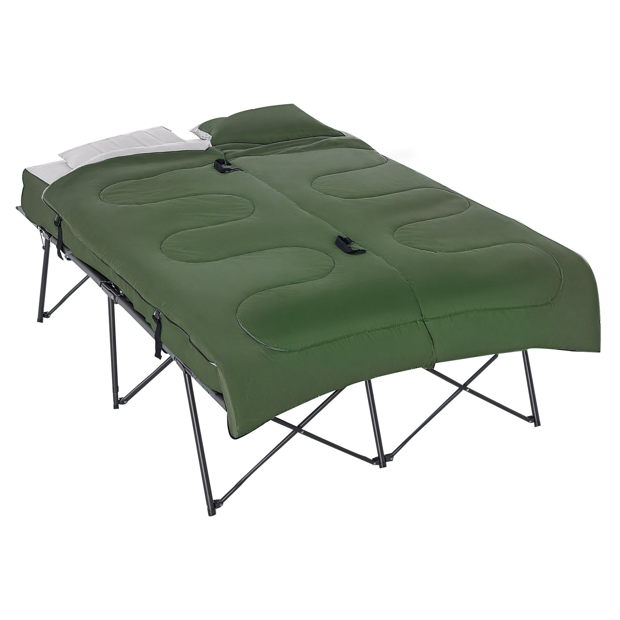 2-Person Folding Camping Cot Portable Outdoor Bed Set with Sleeping Bag, Inflatable Air Mattress, Comfort Pillows and Carry Bag, Soft and Comfortable for Outdoor Travel Camp Beach Vacation