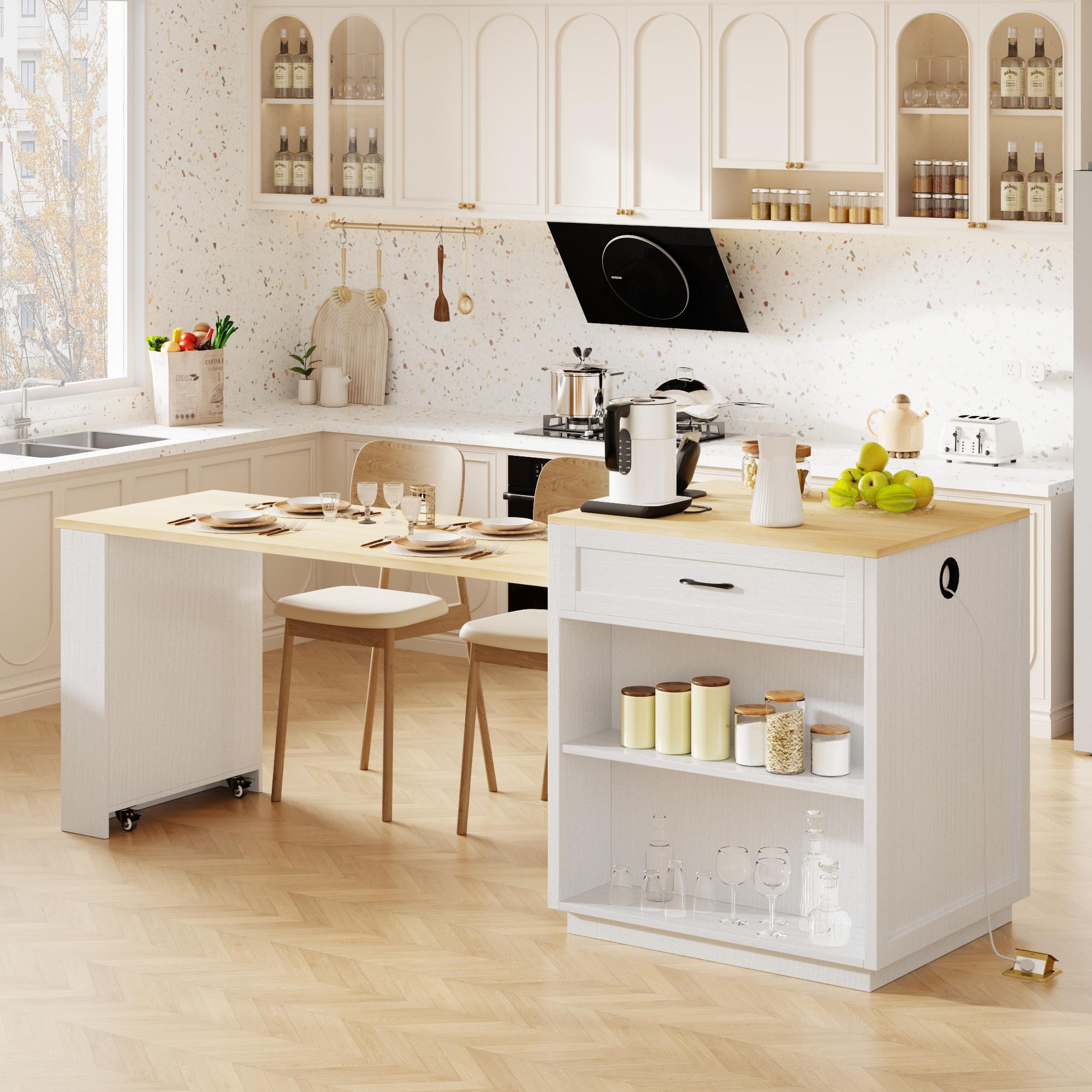 Kitchen Island with Extendable Table, Double-Sided Storage, Power Outlet, Adjustable Shelves, Lockable Wheels, 83" L x 27.5" W x 36" H, White Oak
