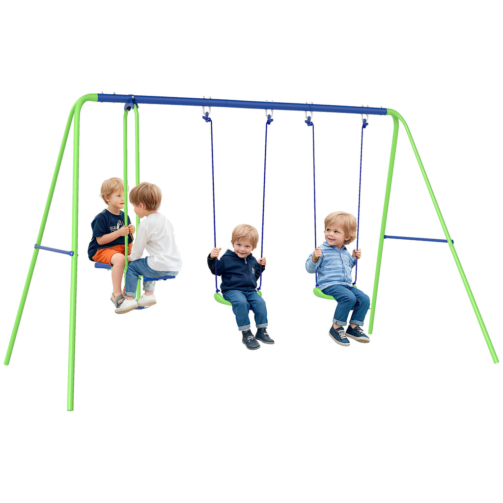 Metal Swing Set with Glider, Two Swing Seats and Adjustable Height, Outdoor Heavy Duty A-Frame Suitable for Playground, Backyard, Green