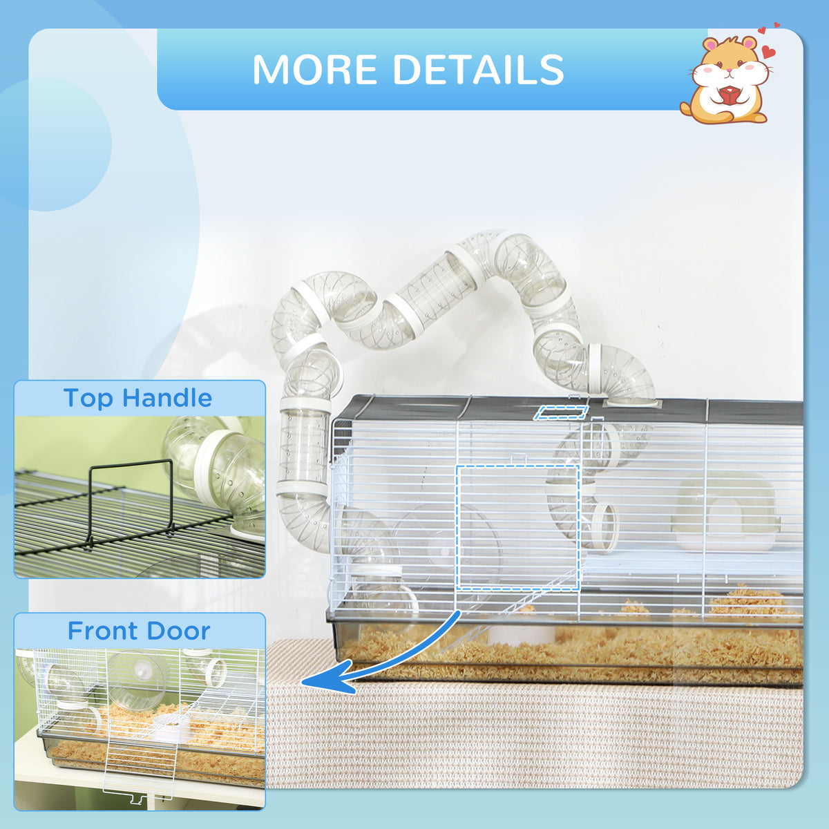 Small Animal Cage for Gerbil or Dwarf Hamster w/ Tubes, Exercise Wheel, Food Dish, Water Bottle, 23" x 13" x 12", Gray