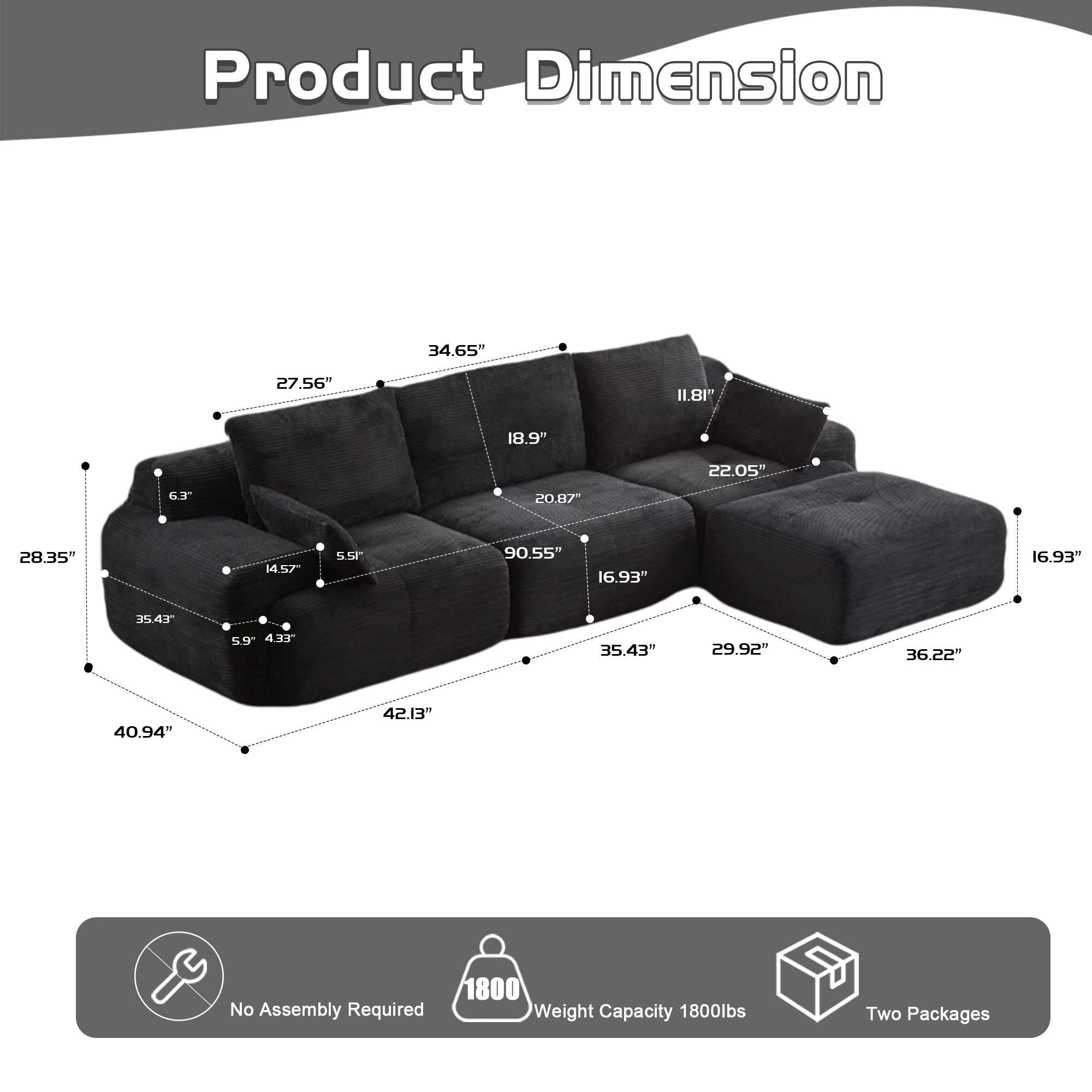 Compressed Sofa Modern Memory Foam Sectional, Pet-Friendly Corduroy Couch, Extra Deep Loveseat for Apartments, 120" L x 71" W x 28.5" H, Black