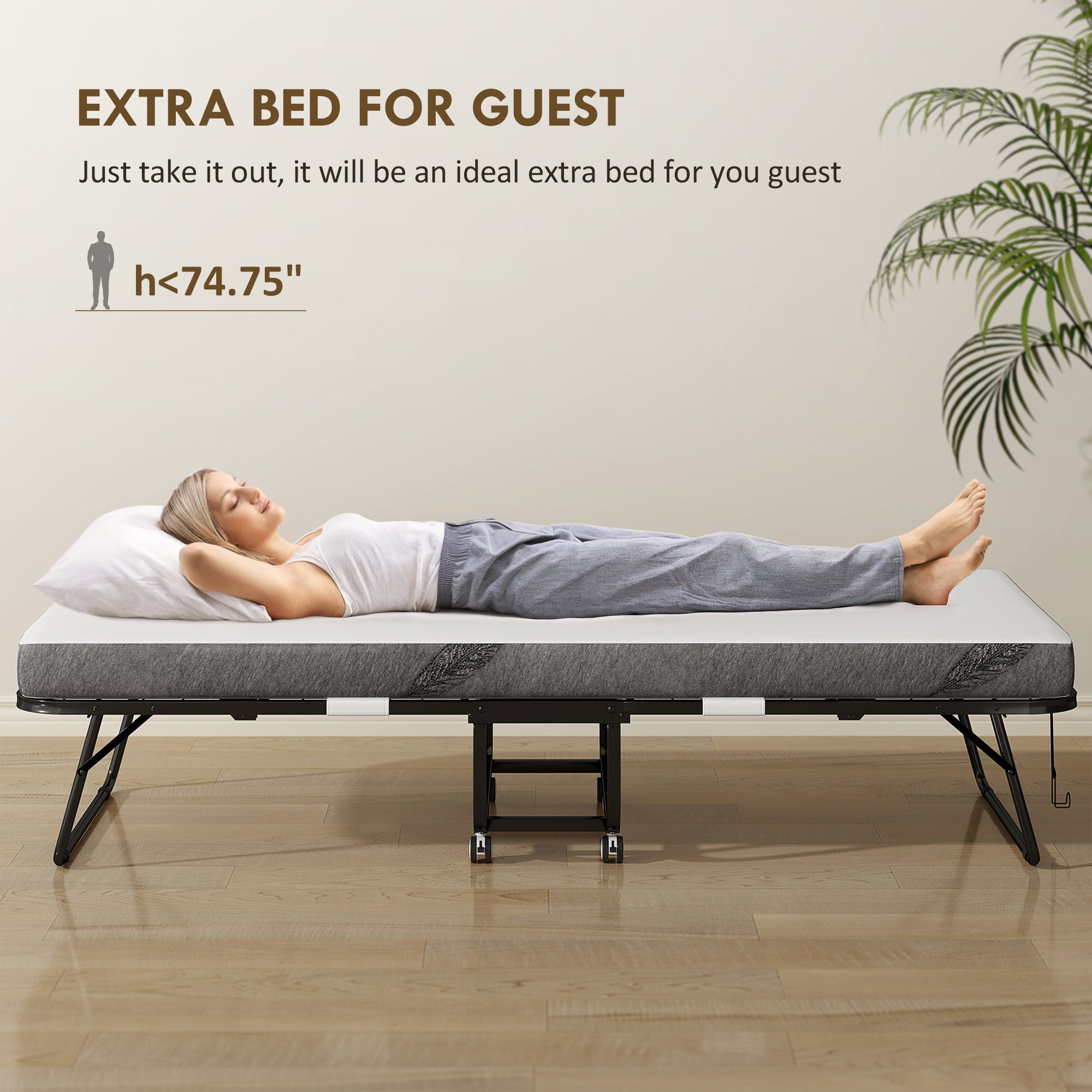 Folding Bed with Mattress for Adults, Long Twin Size, Portable Foldable Bed with 4" Foam Mattress & Space-Saving Steel Frame, 79" x 35", Fold Up, Roll Away & Hideaway, White