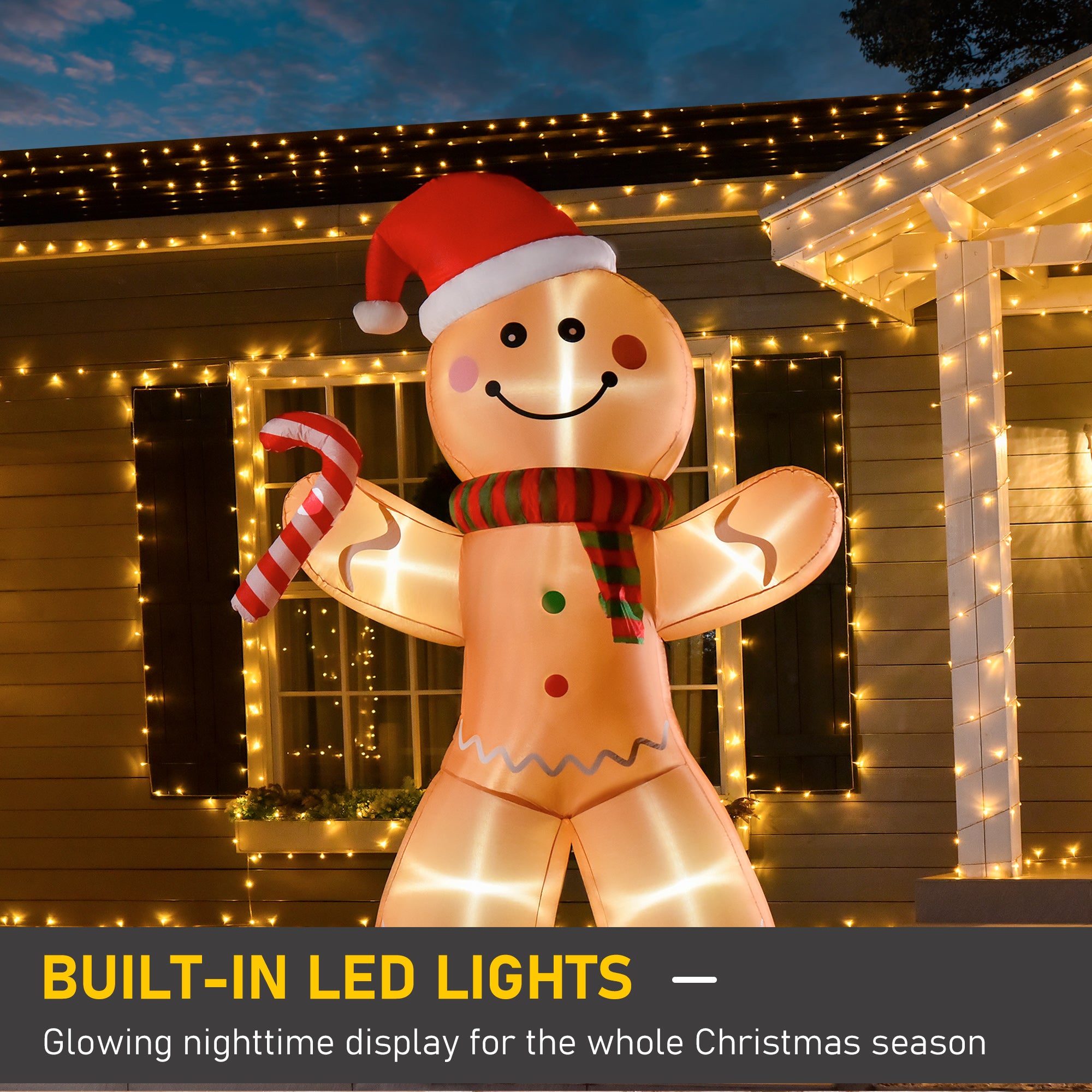 8ft Christmas Inflatable Gingerbread Man with a Candy Cane, Outdoor Blow-Up Yard Decoration with LED Lights Display