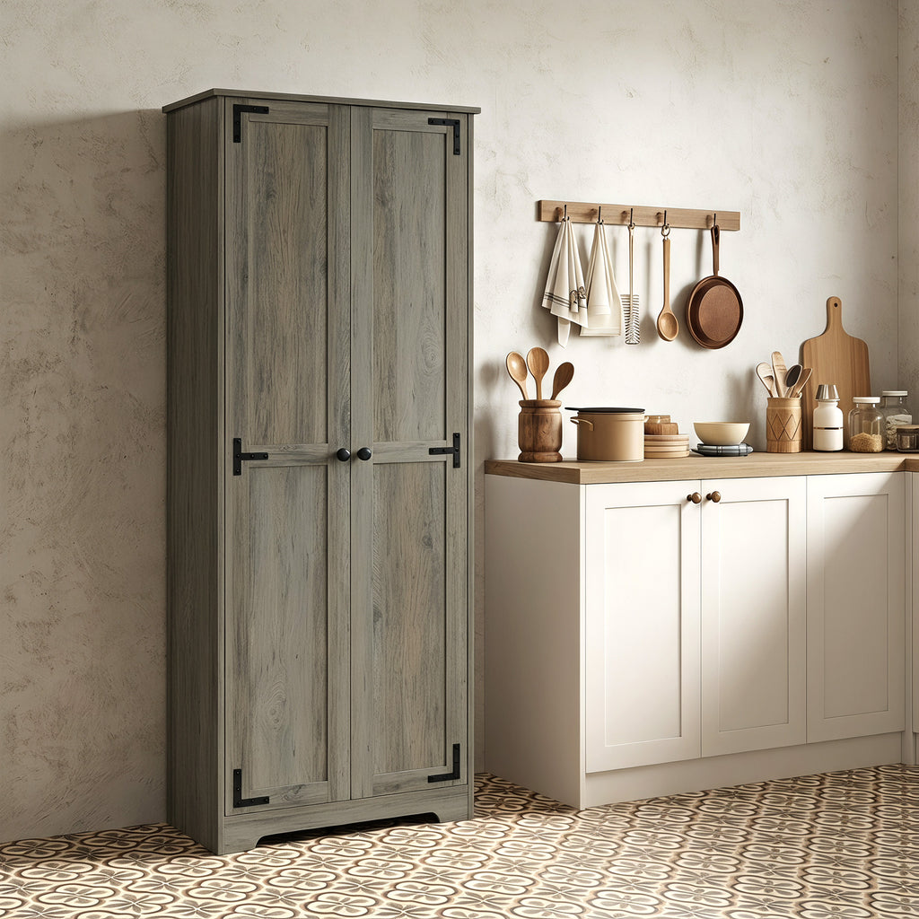 67" Farmhouse Pantry Cabinet, Freestanding Food Pantry Cabinet with Adjustable Shelves, Distressed Gray