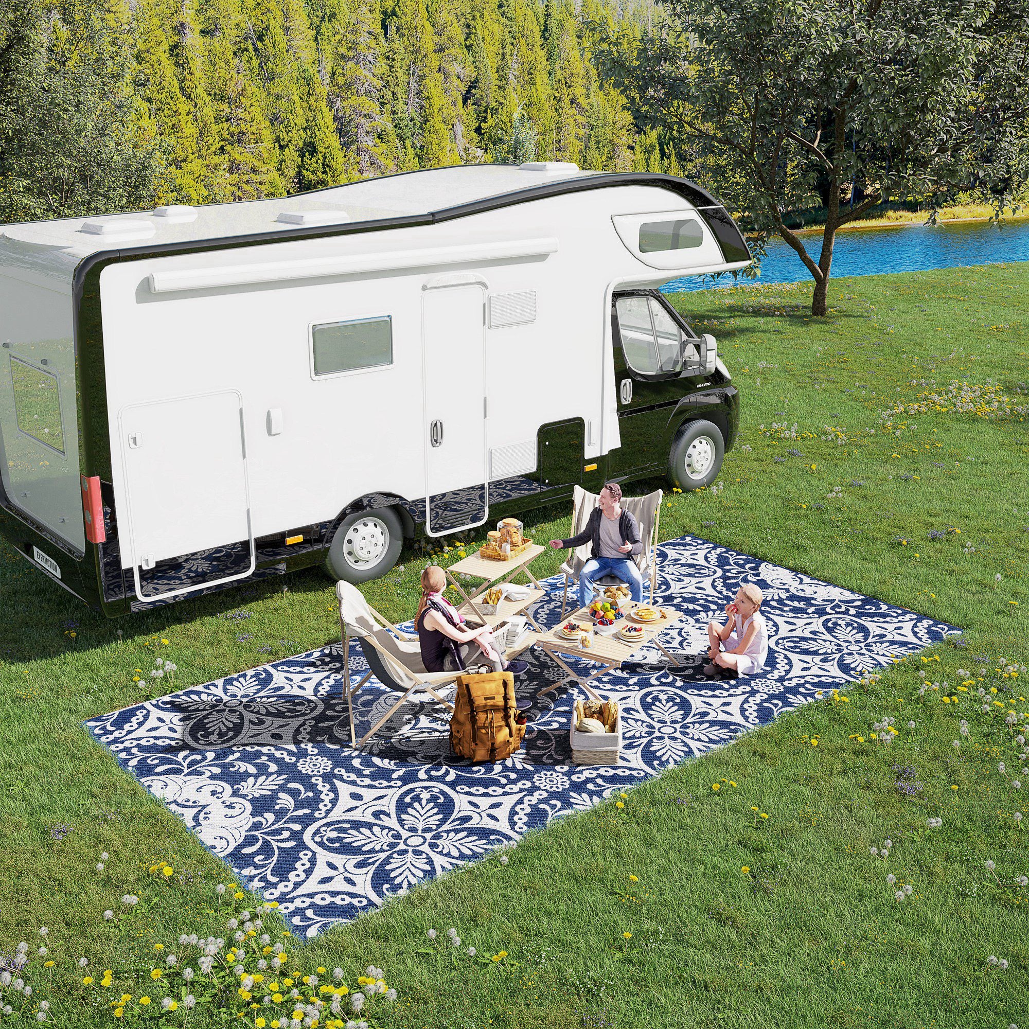 Outdoor Rug for Patio, 9' x 18' Waterproof Large Mat, Reversible Plastic Straw Rug for Decor, Portable Outside RV Camping Area Carpet Mat for Backyard Porch Deck Picnic, Blue & White Floral
