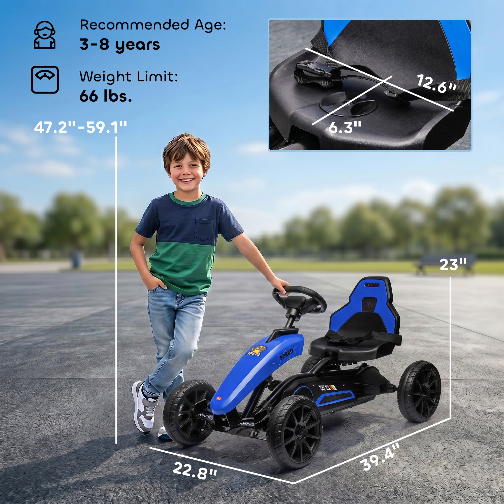 Kids Pedal Go Kart w/ Swing Axle, Shock-Absorbing Wheels, Blue