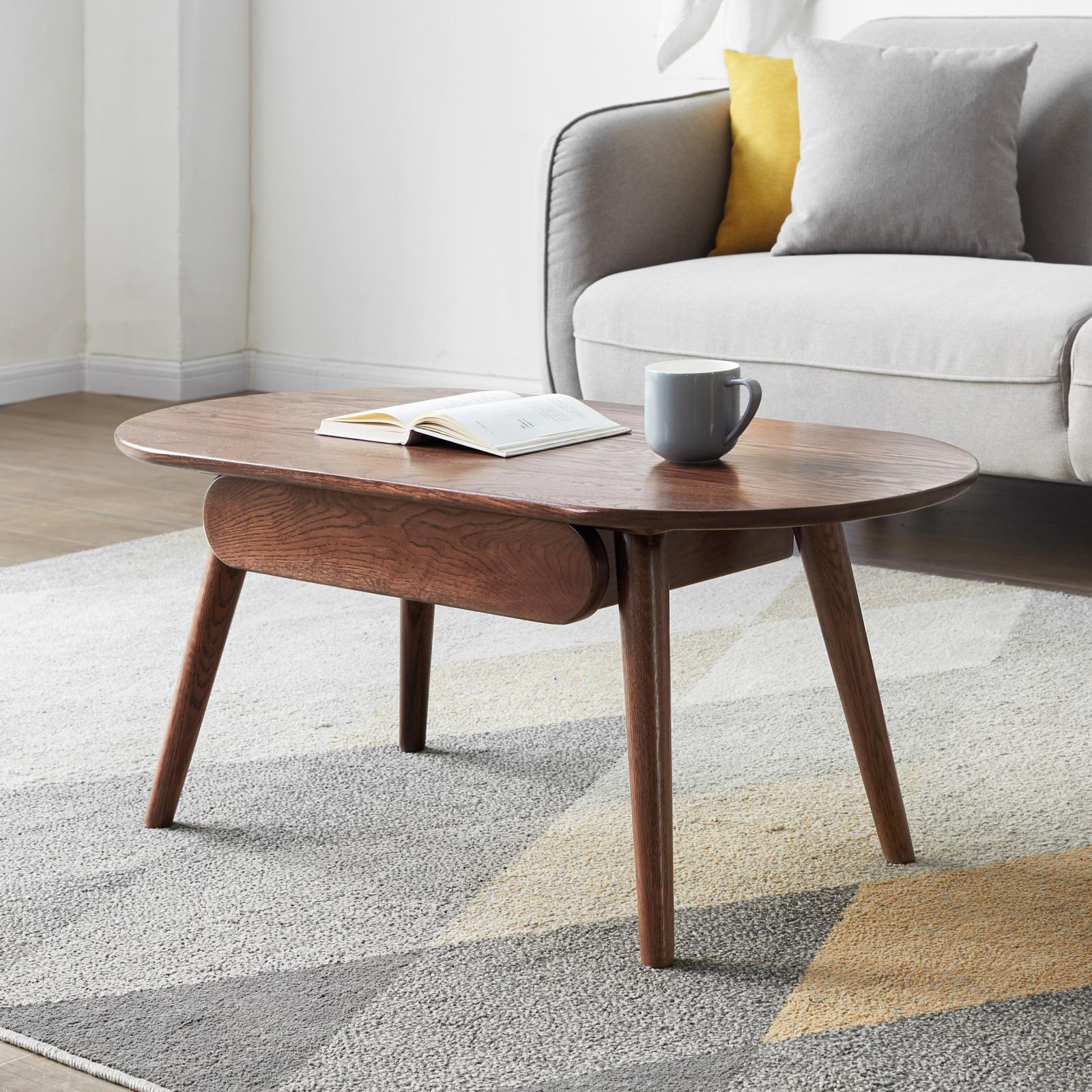 Compact Coffee Table with Storage Drawers and Rounded Edges, Sturdy Center Table with Handle-Free Design, 39.5″ L x 22″ W x 16.5″ H, Oak