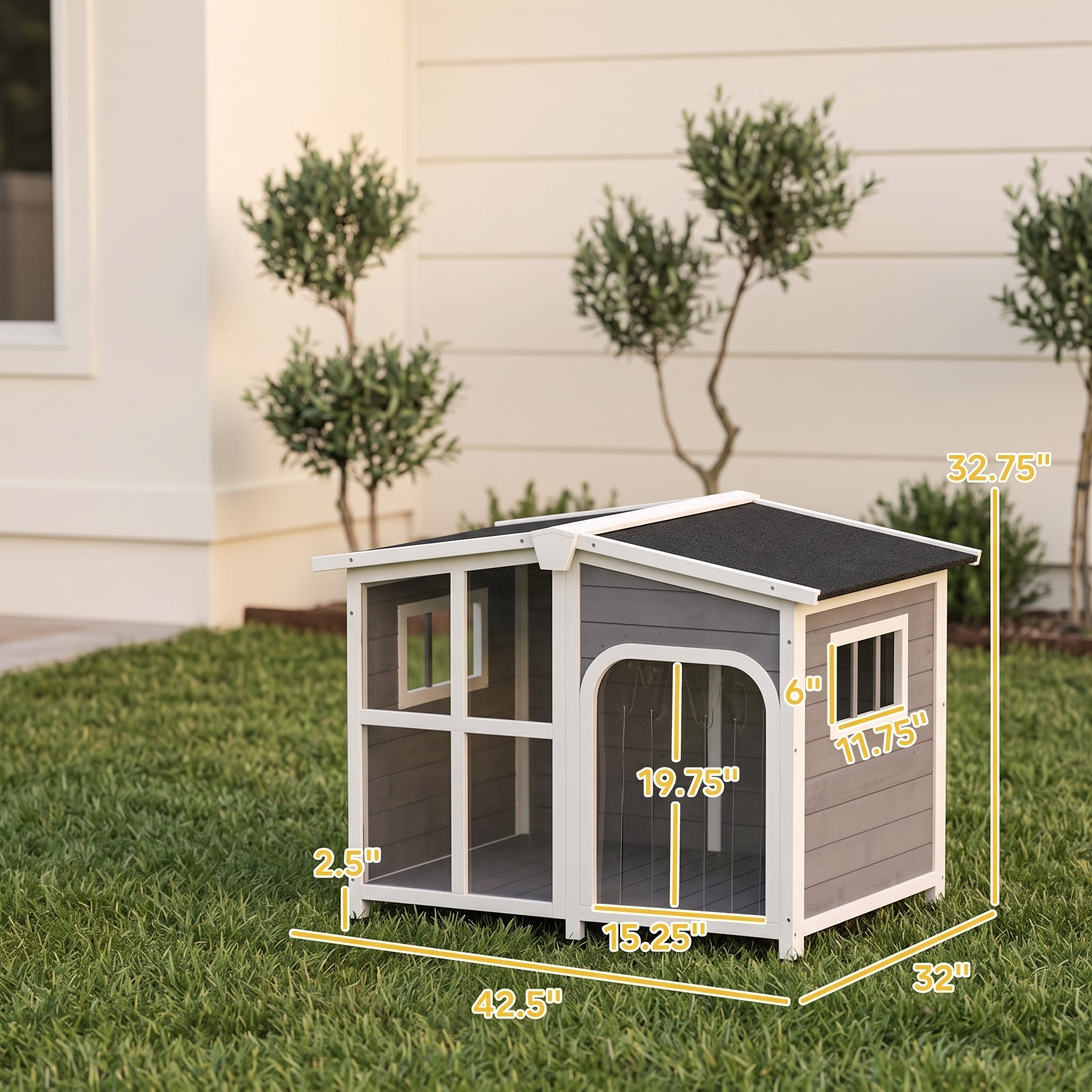 Cabin-Style Wooden Dog House for Large Dogs with Openable Roof & Giant Window,Gray