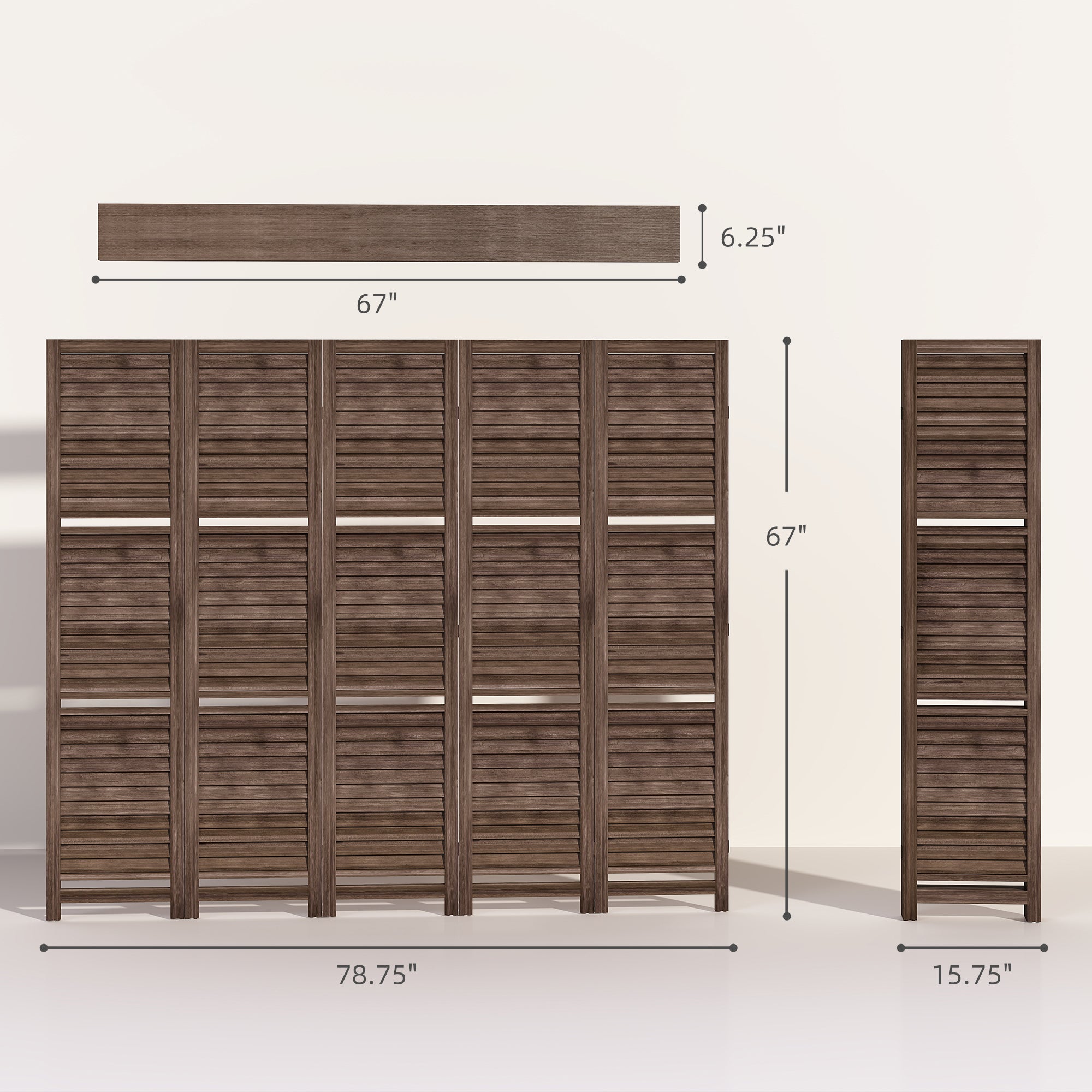 5 Panel 67" Tall Wood Privacy Screen Room Divider with 3 Shelves and Folding Storage for Bedroom, Walnut